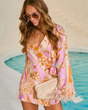 Lennora Floral Wrap Tie Feather Trim Romper