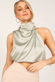 Arabella High Neck Drape Satin Top Olive