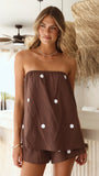 Calliope Strapless Top and Shorts Set Brown White Polka