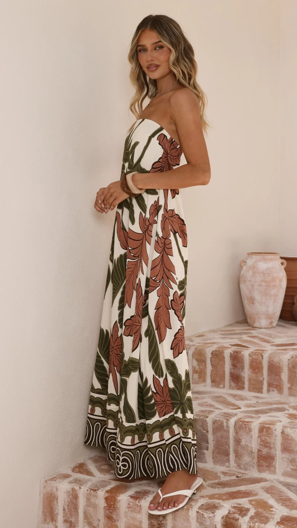 Connie Maxi Dress Green Beige Palm