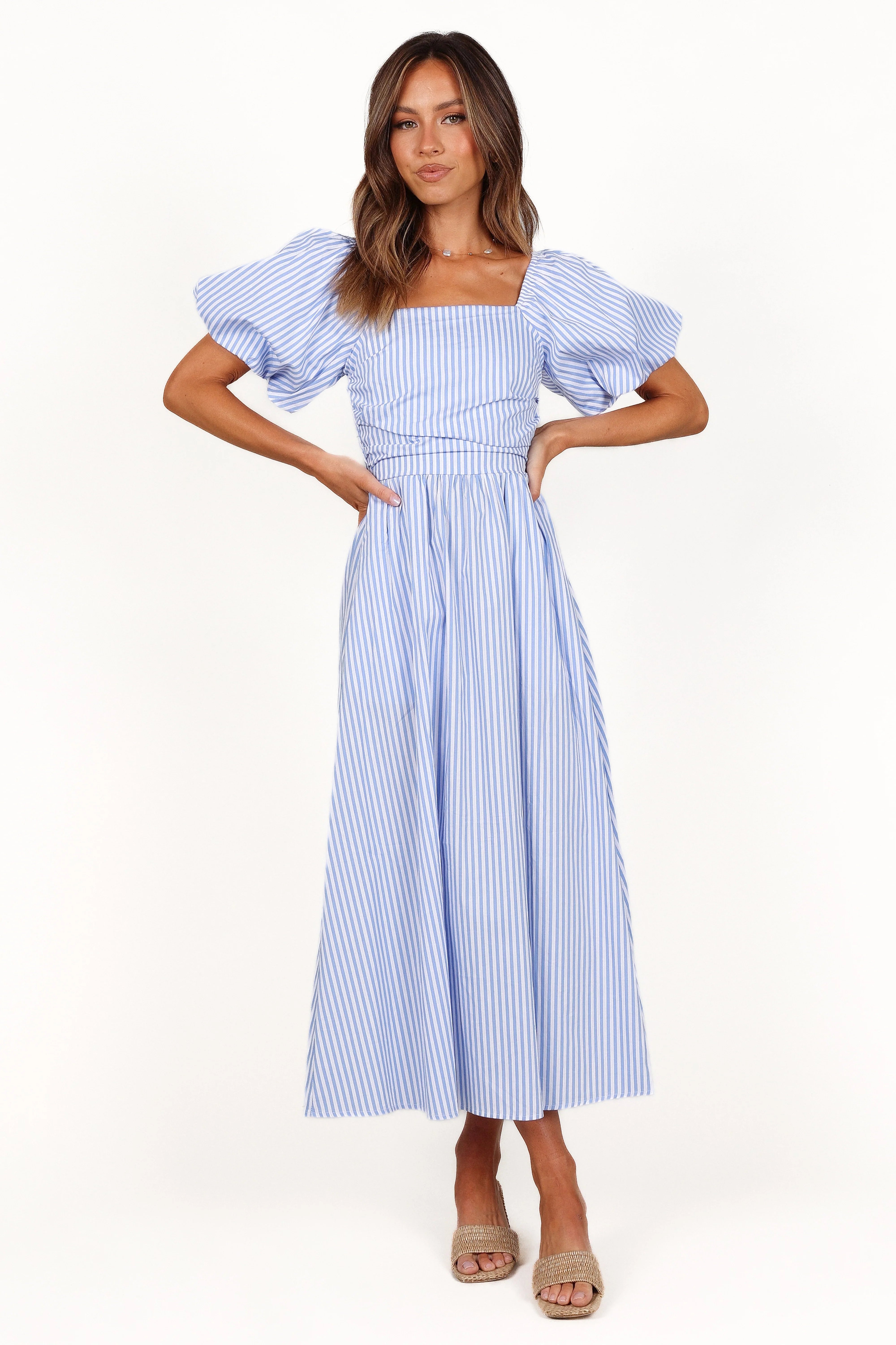 Clo Puff Sleeve Midi Dress Blue Stripe
