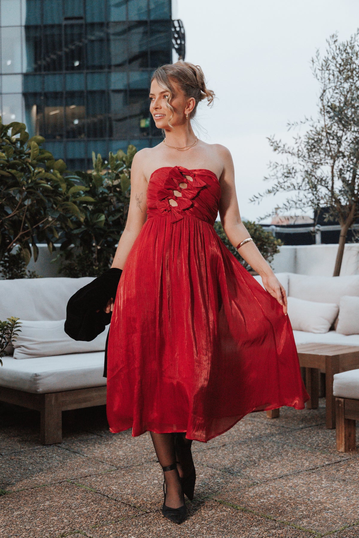 Mila Strapless Midi Dress Red