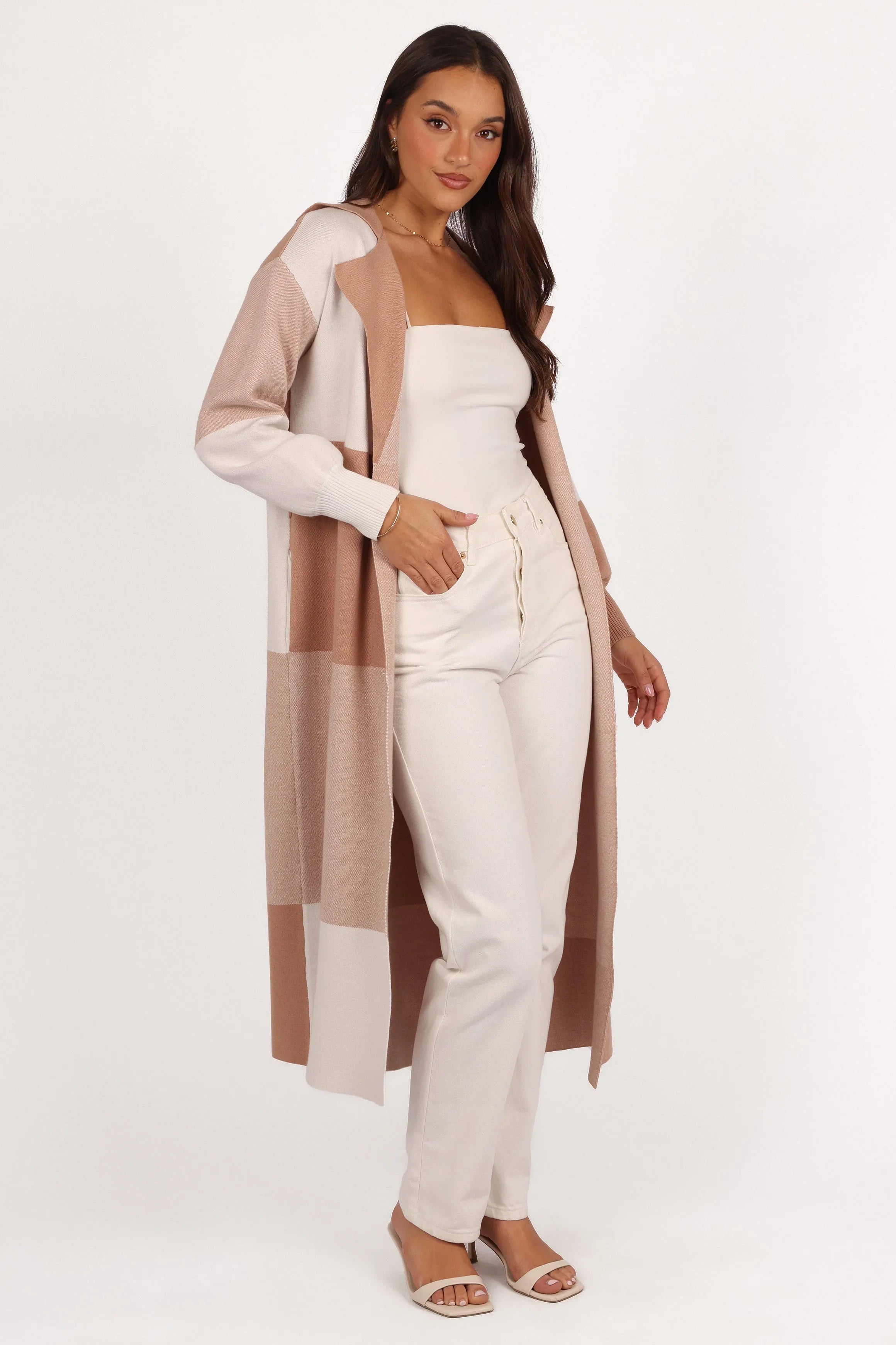 Kingston Large Check Long Cardigan Beige Check