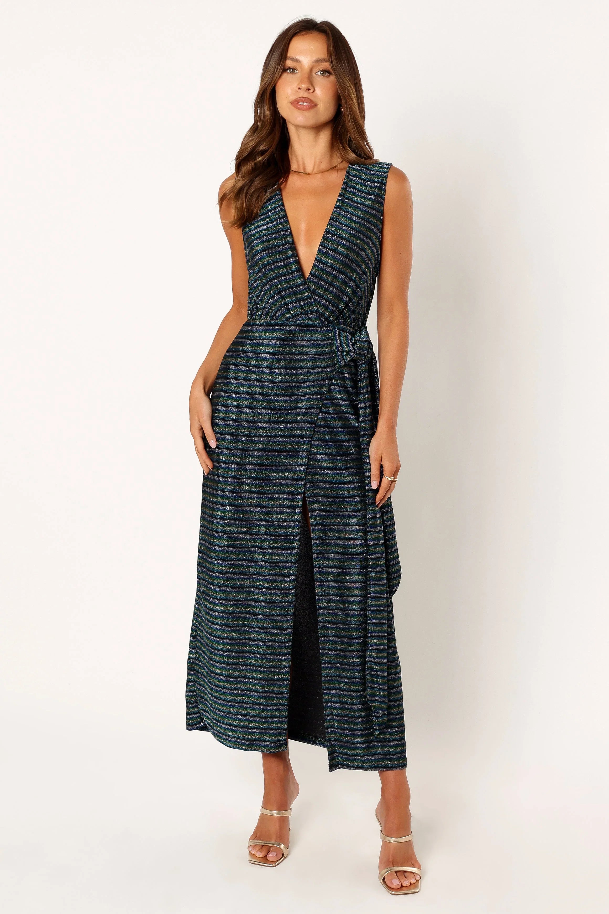 Tahlia Wrap Midi Dress Blue Gold Stripe