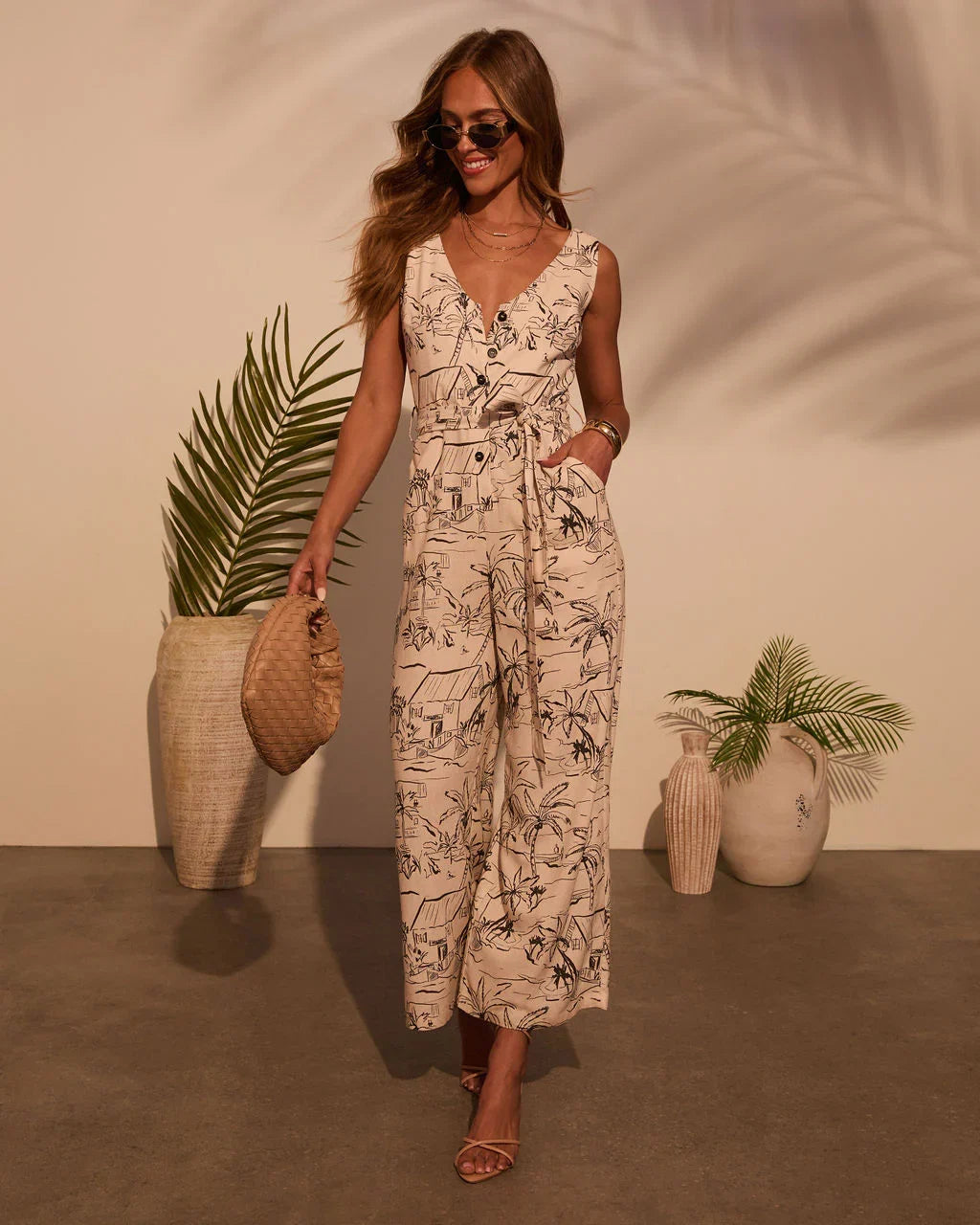 Palm Party Printed Waist Tie Jumpsuit