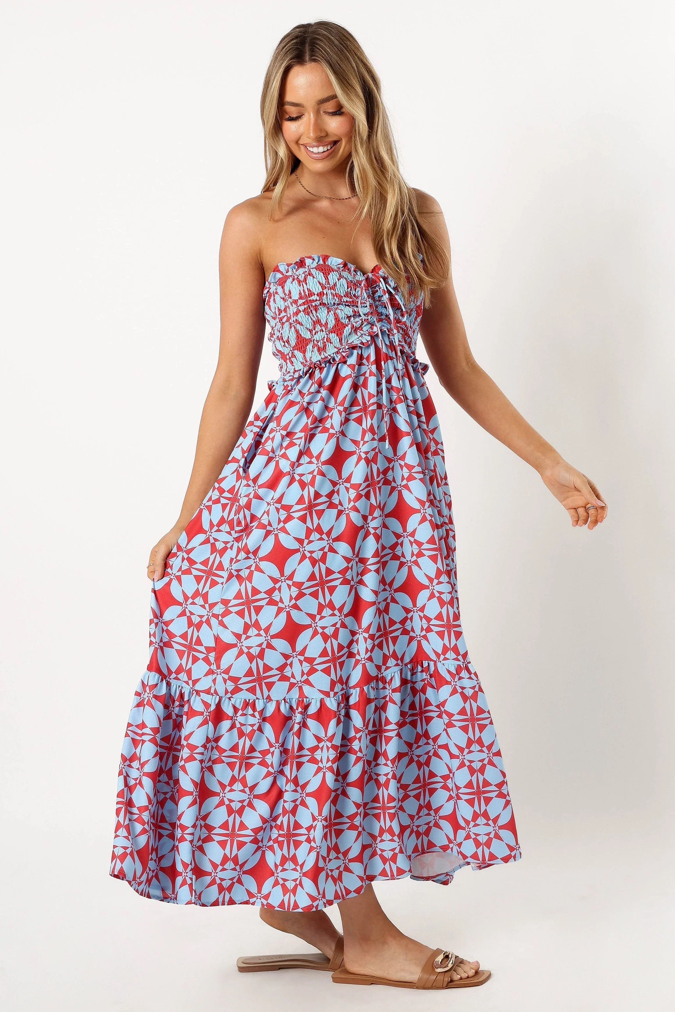Dayton Strapless Midi Dress Red Blue