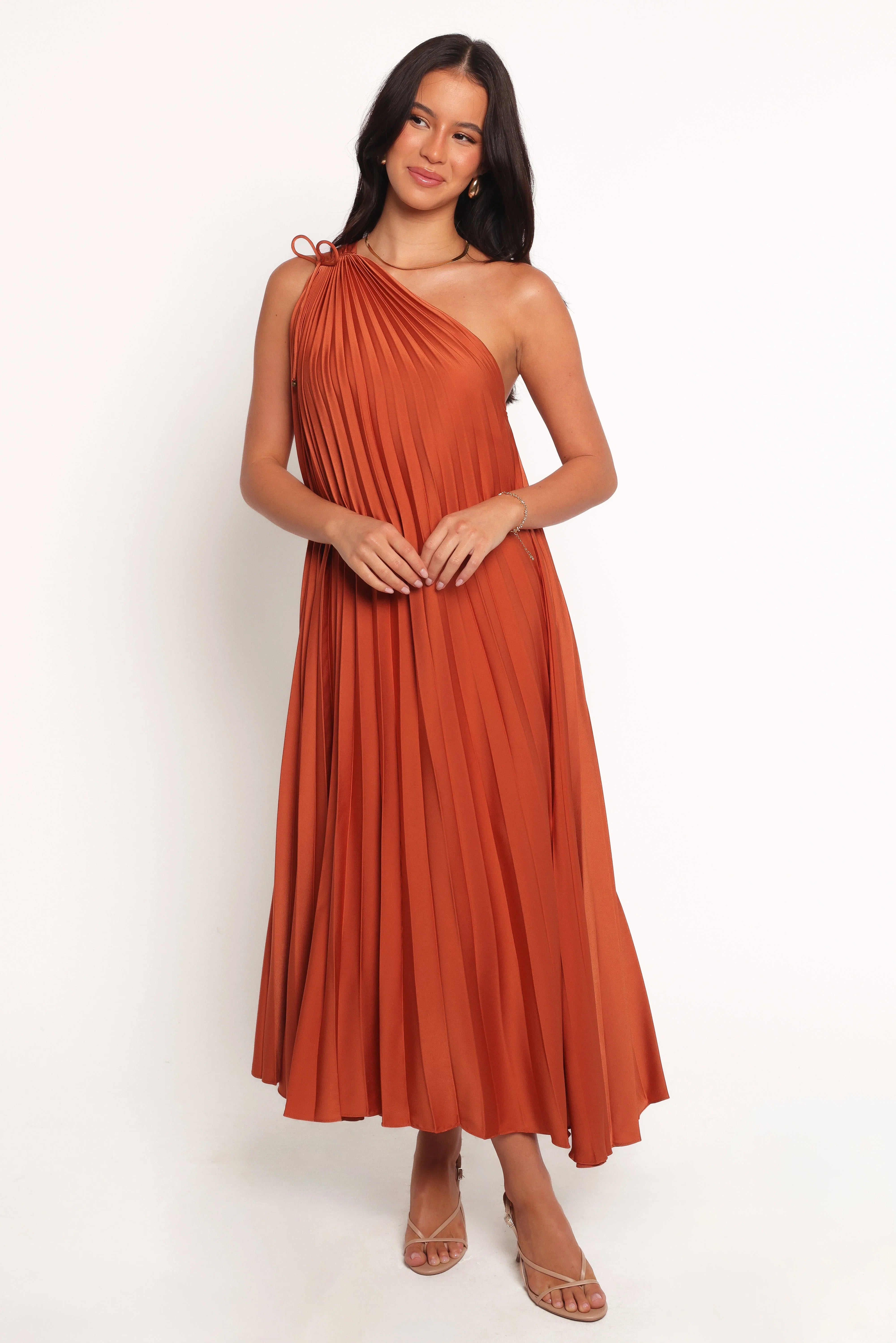 Selena One Shoulder Midi Dress Russet Bronze