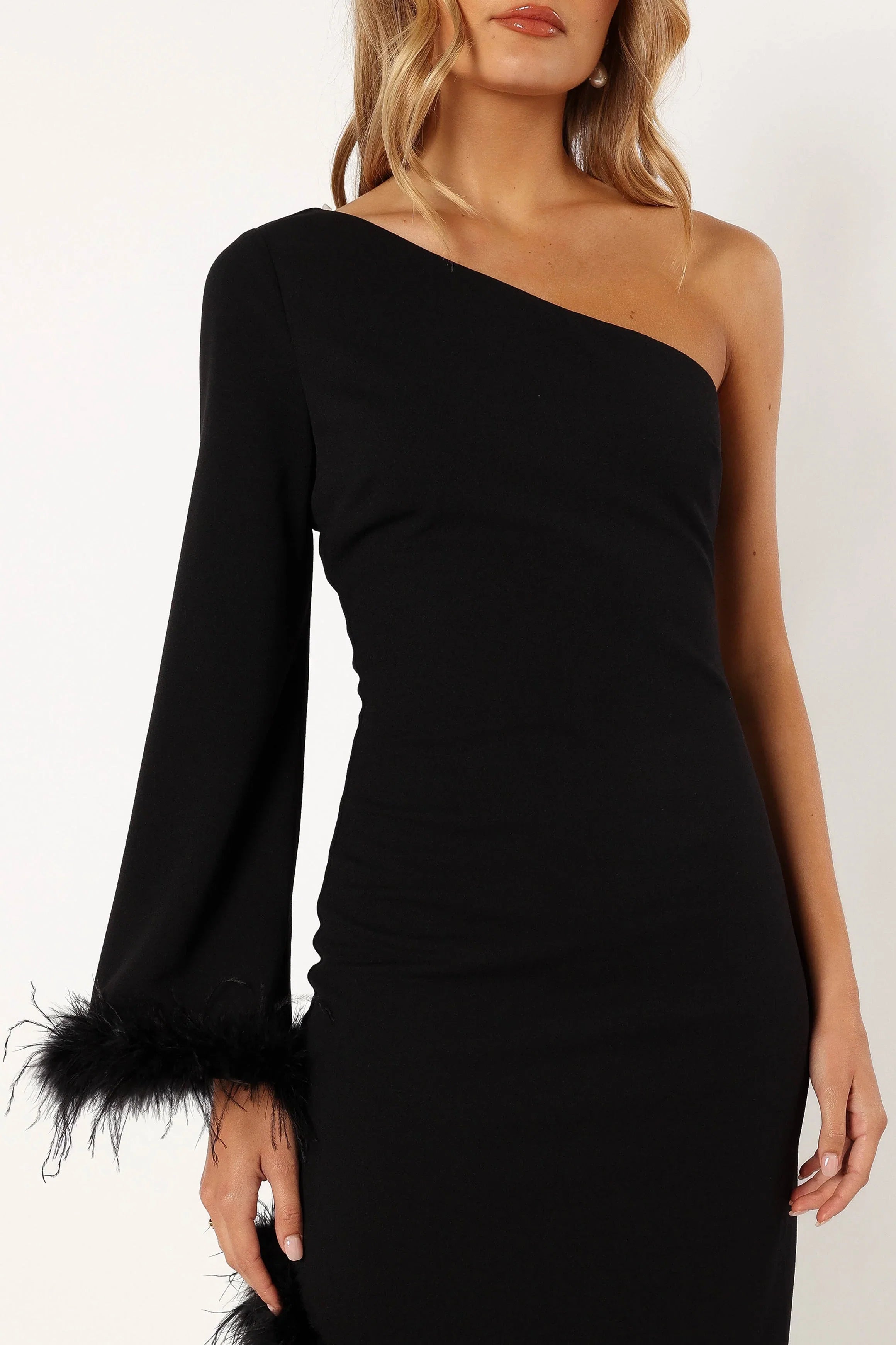 Dame One Shoulder Feather Midi Dress Black