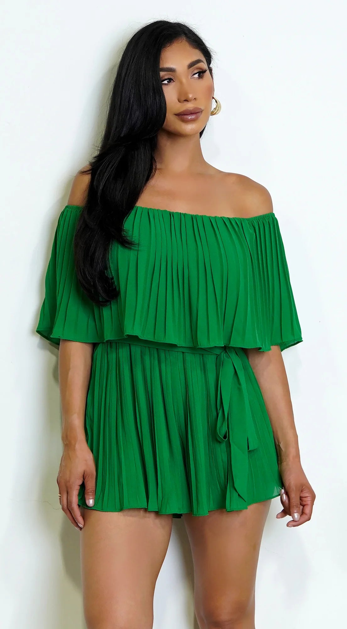 Jazmin Off Shoulder Pleated Romper Green