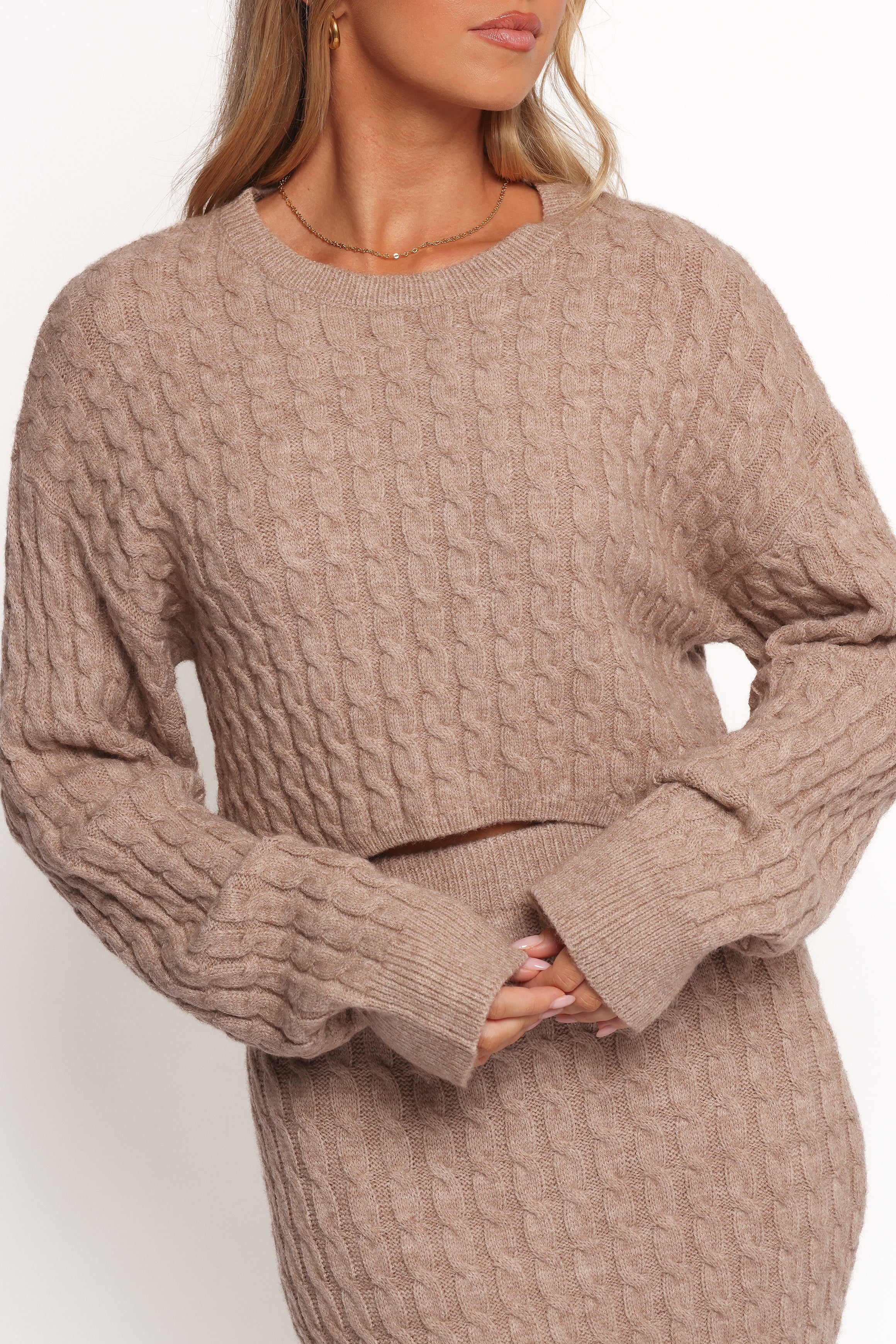 Reid Cable Knit Skirt Set Taupe