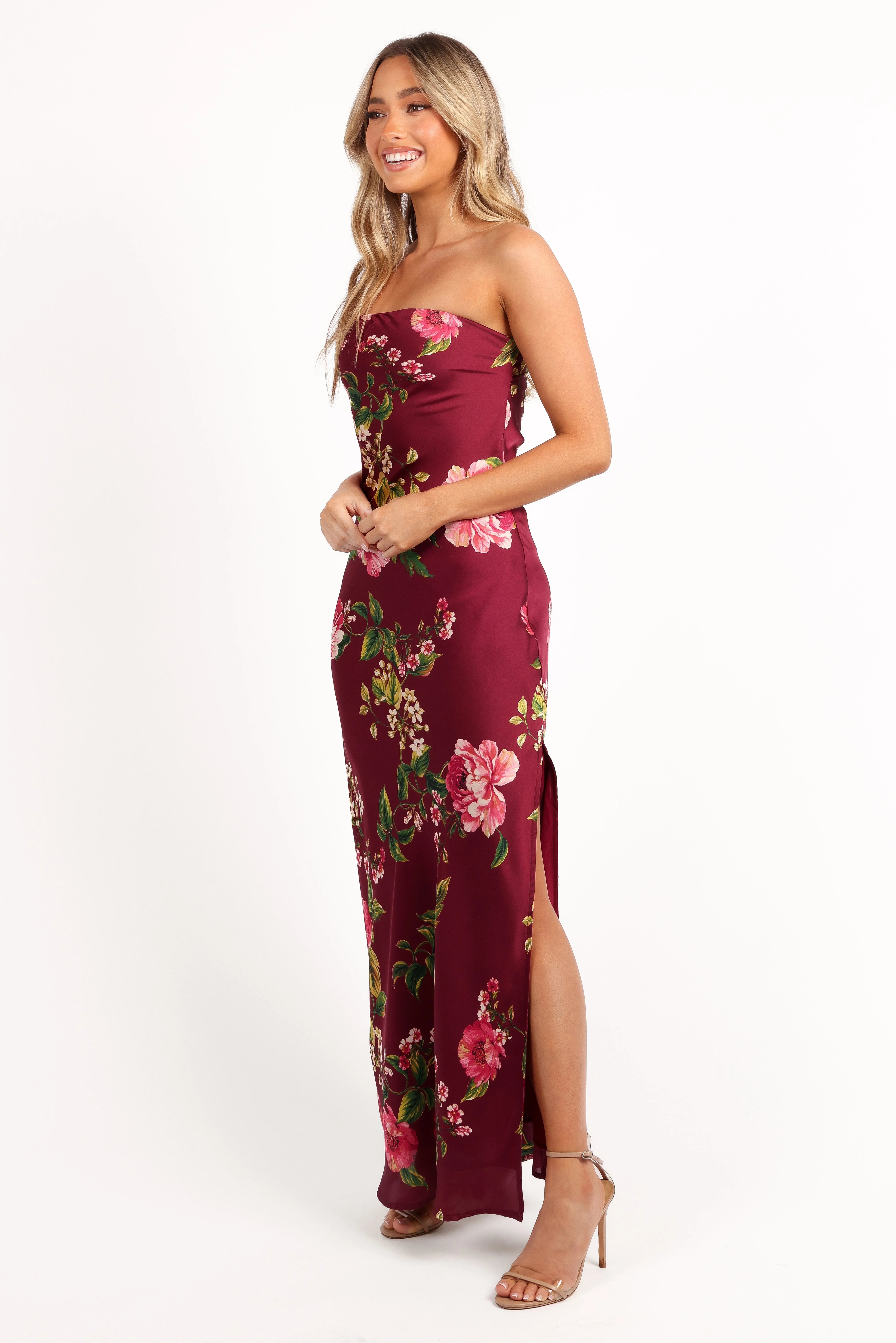 Bryden Maxi Strapless Dress Burgundy Floral