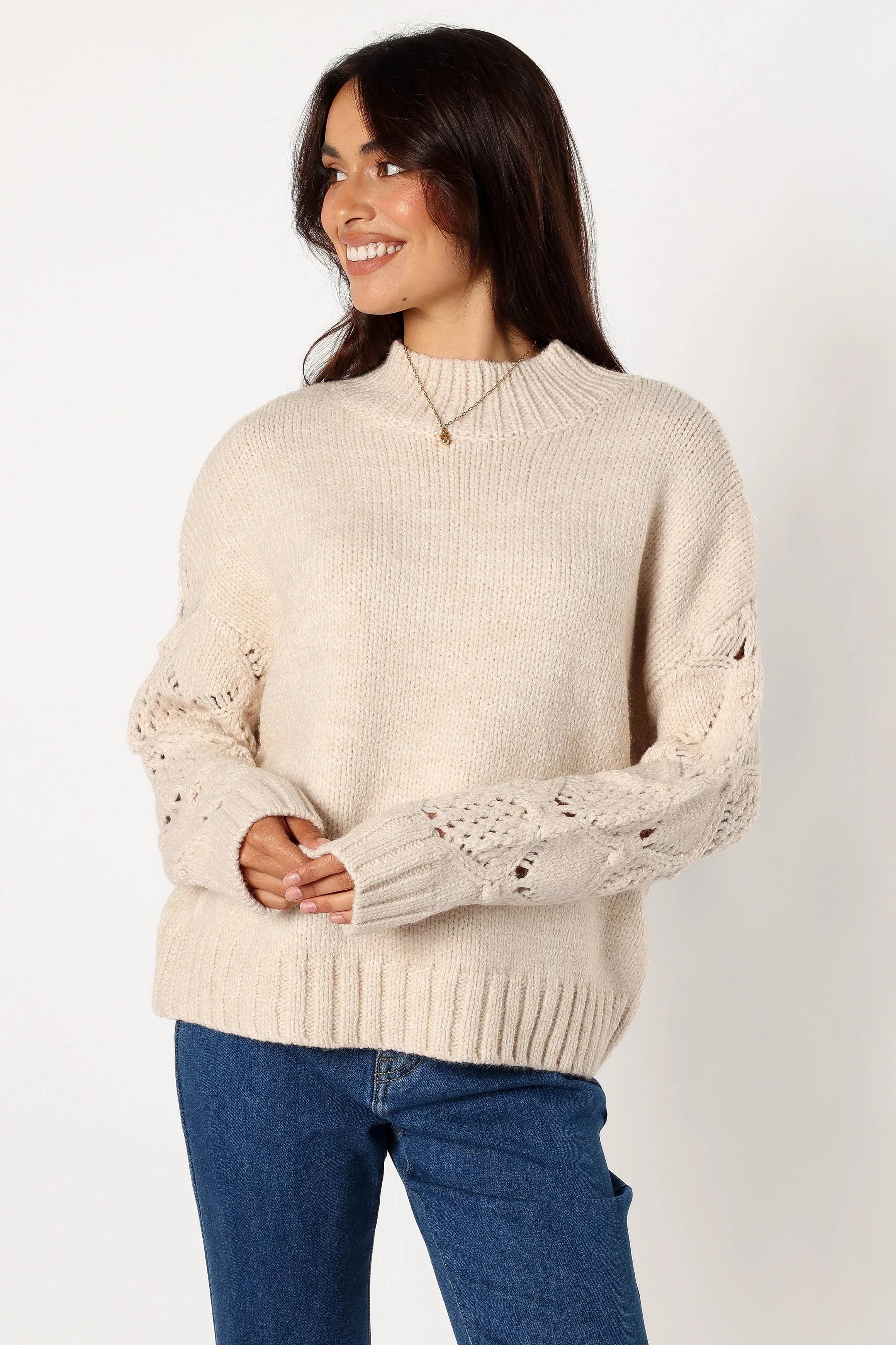 Rebekah Crochet Sleeve Knit Sweater Cream