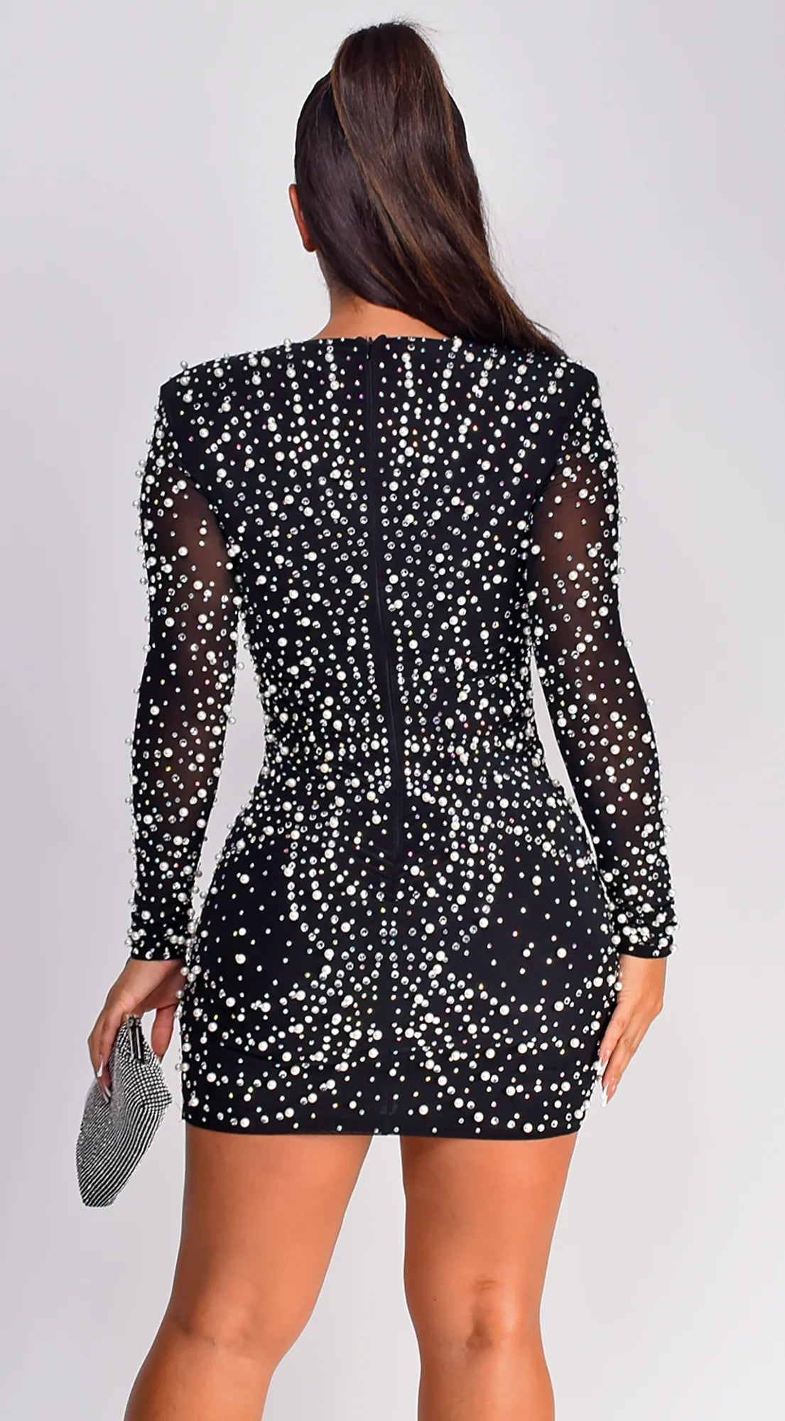 Leslie Rhinestone Pearl Mini Dress Black