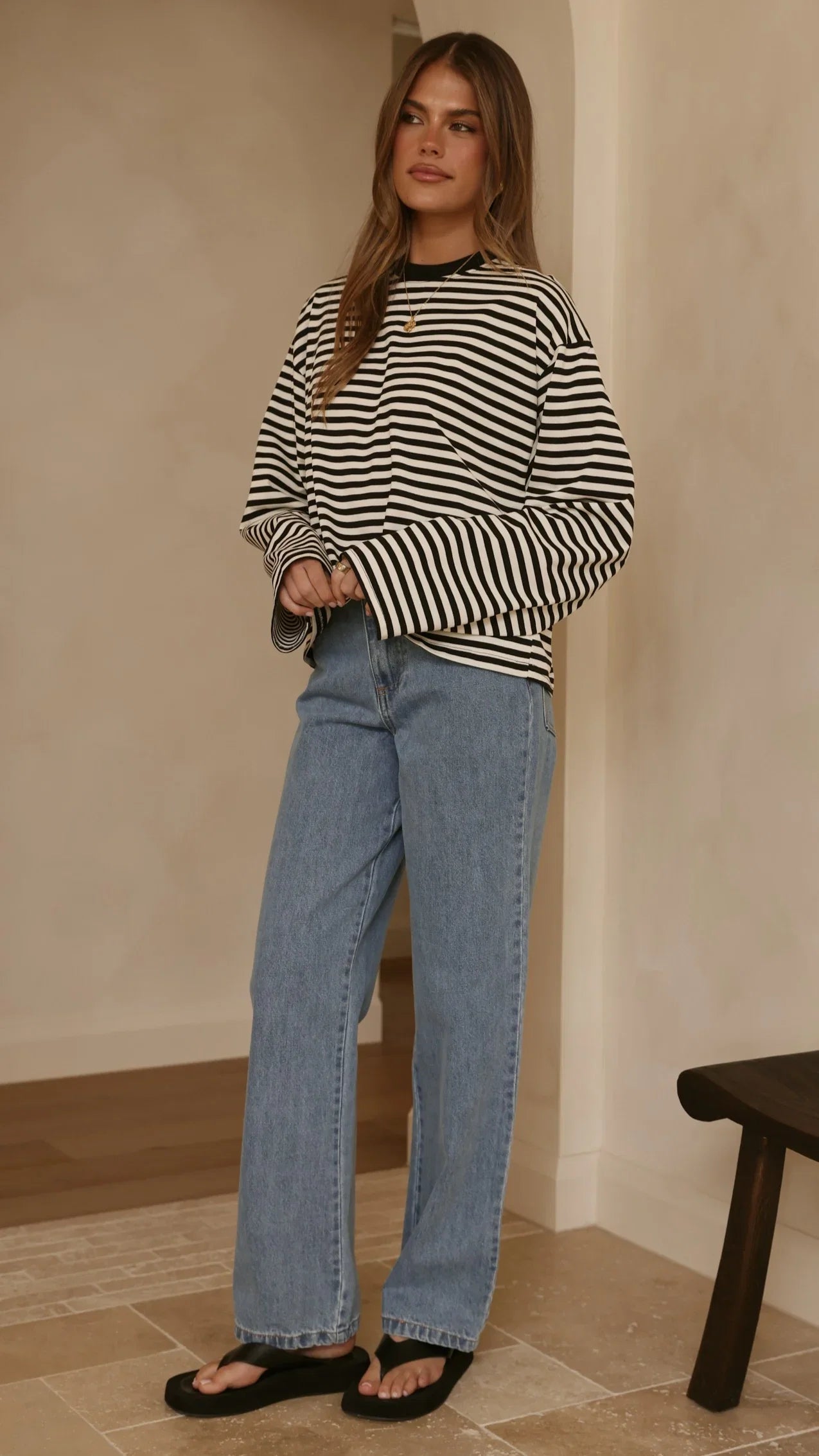 Solana Long Sleeve Top Black White Stripe