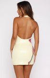 Make Me Money Sequin Halter Mini Dress Lemon Spritz