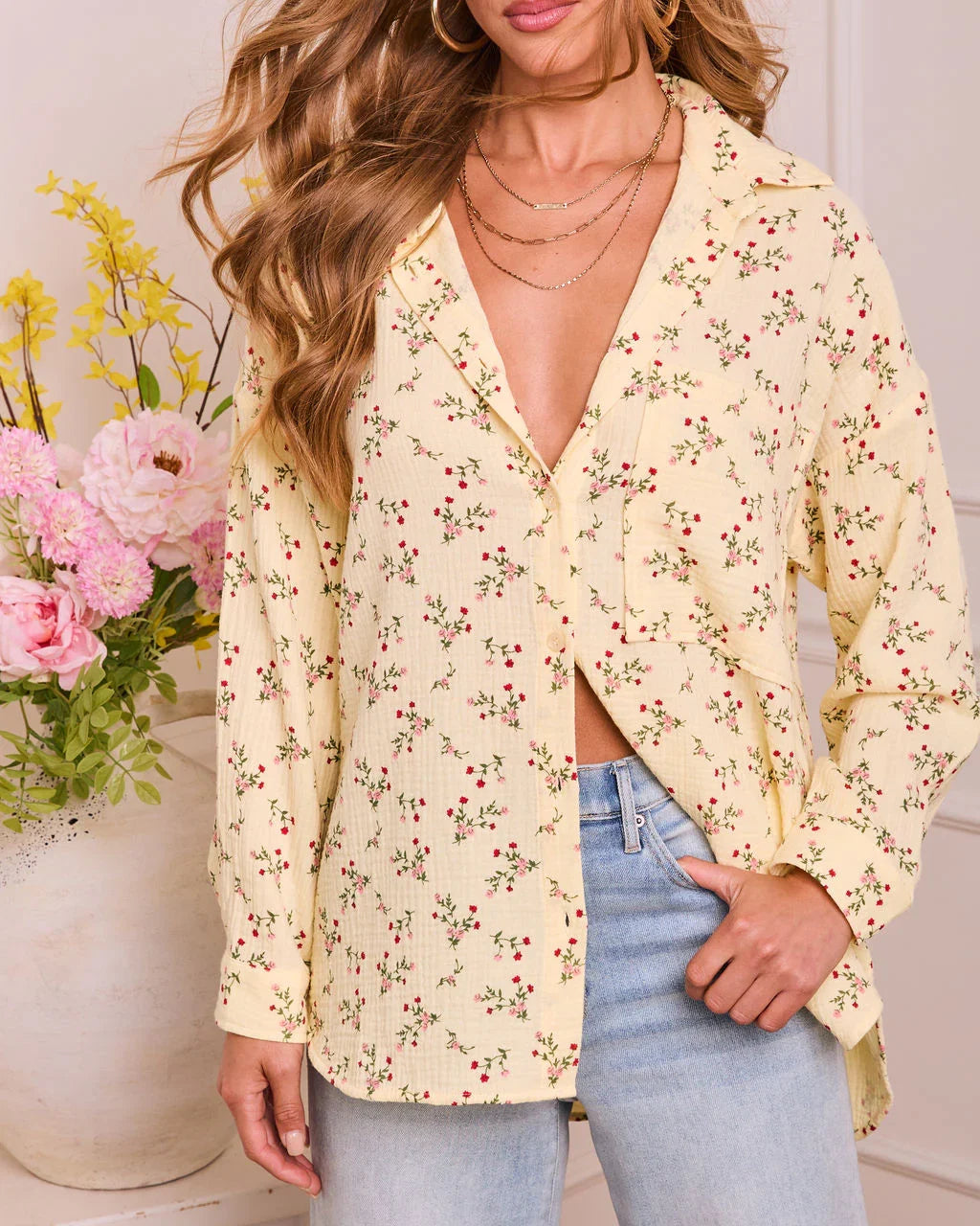 Rosy Dawn Floral Cotton Button Down Top