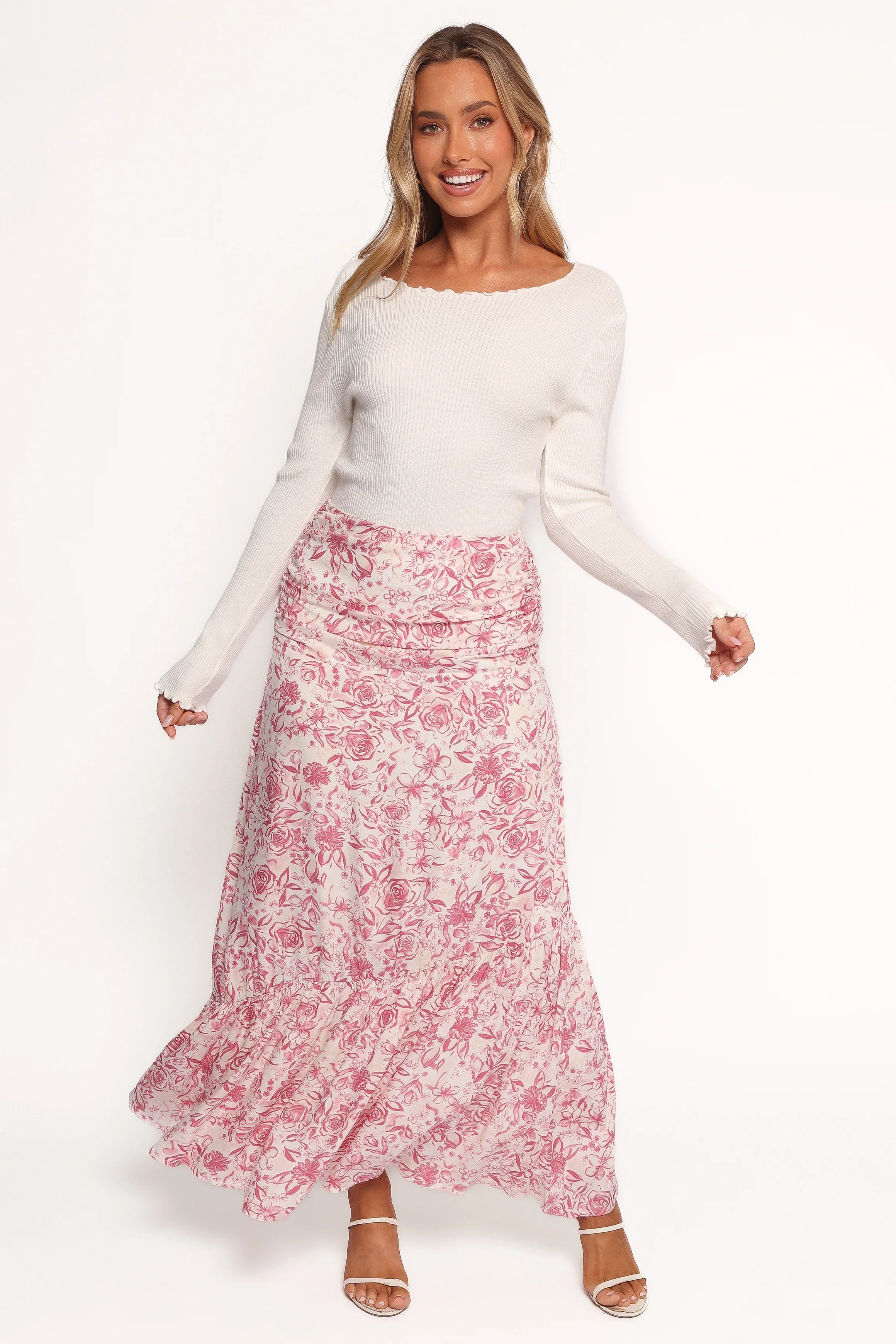 Velda Ruched Maxi Skirt Pink Floral