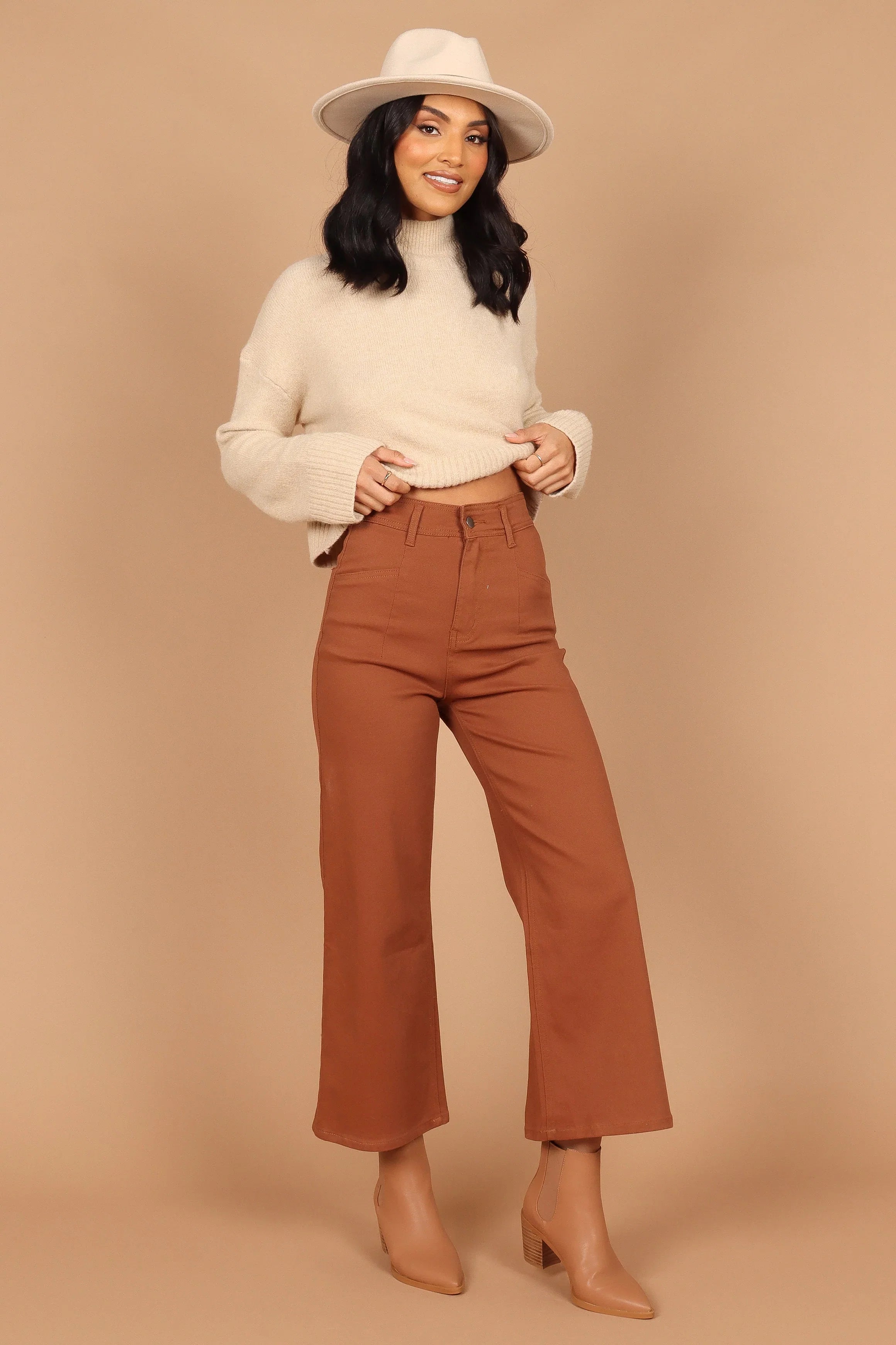 Georgette High Waisted Straight Leg Pants Brown