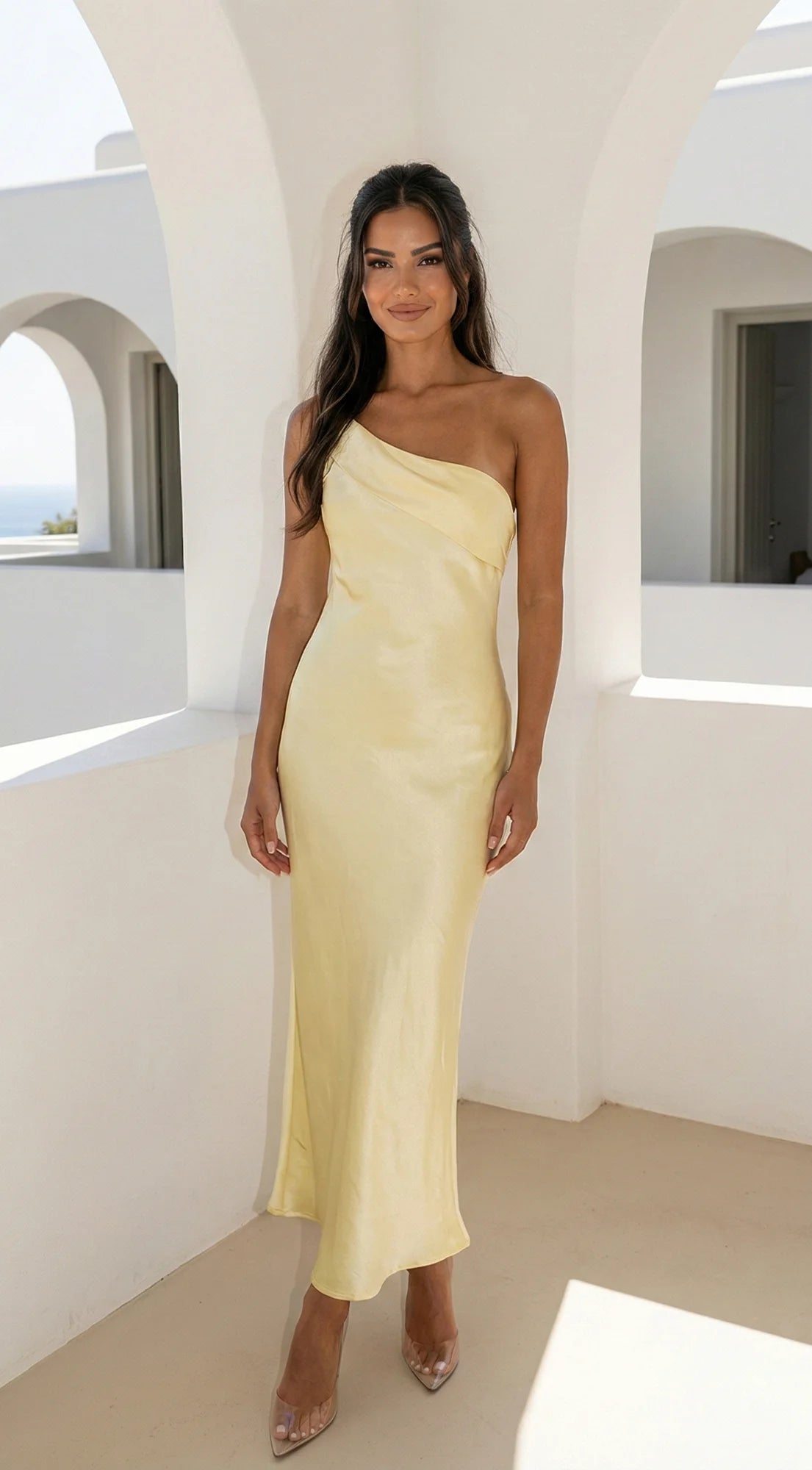 Valencia One Shoulder Satin Maxi Dress Butter Yellow