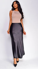 Ophelia Satin Slip Midi Skirt Black