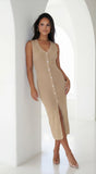 Nela Button Front Ribbed Knit Midi Dress Beige