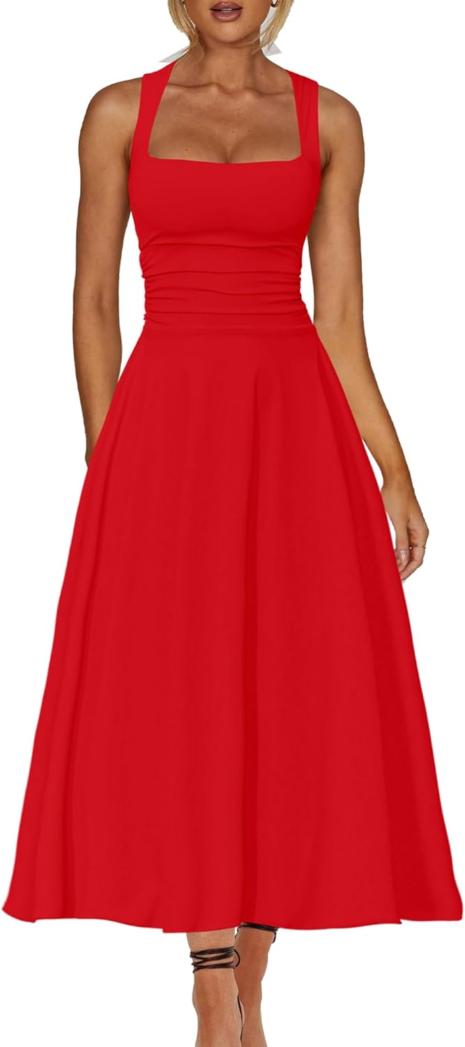 A Line Maxi Dress Ruffle Ruched Waist Flowy Long Dresses