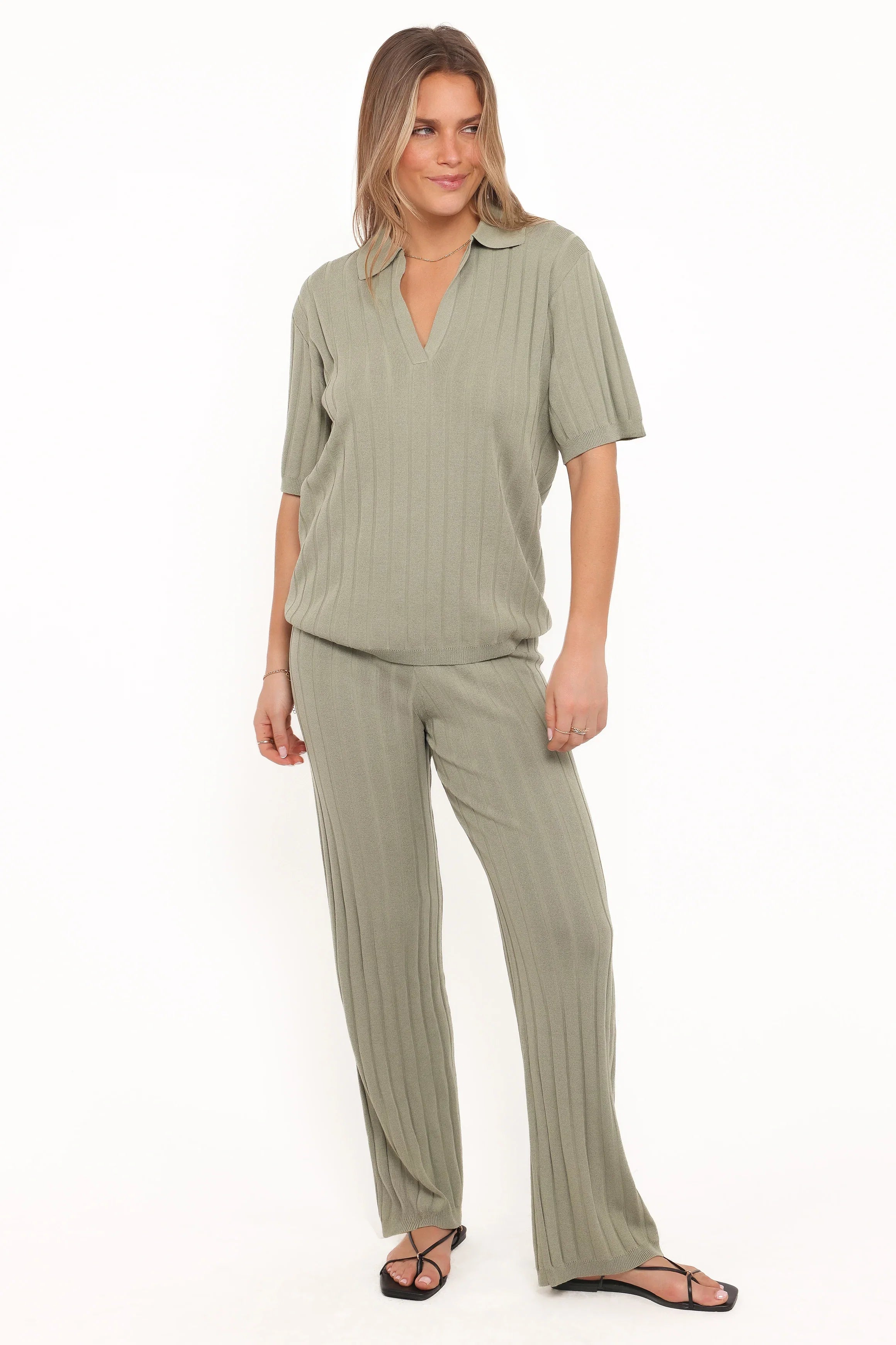 Yulissa Wide Ribbed Pant Set Khaki Green