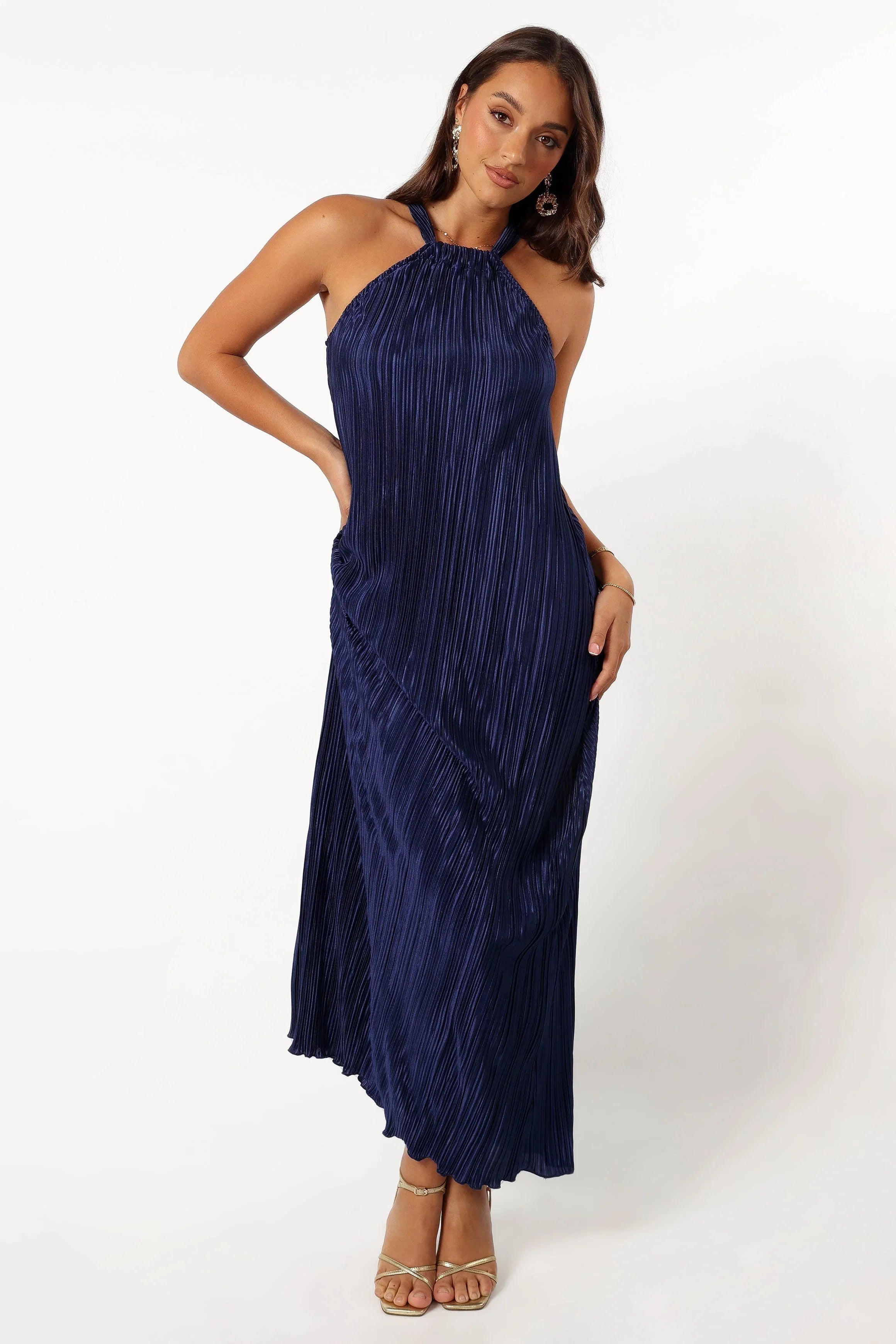 Melody Plisse Halter Maxi Dress Navy