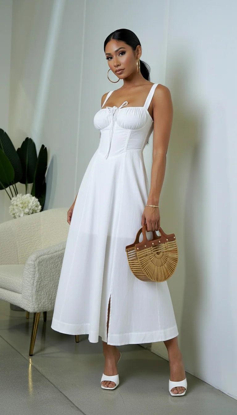 Noura Bustier Lace Up Midi Dress Off White