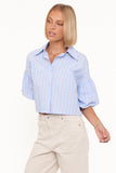 Zella Puff Sleeve Button Up Shirt Blue White Stripe