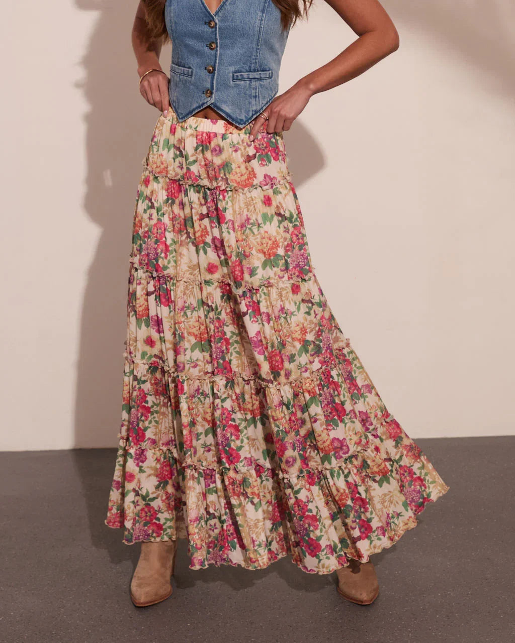 Honey Daze Tiered Floral Mesh Maxi Skirt