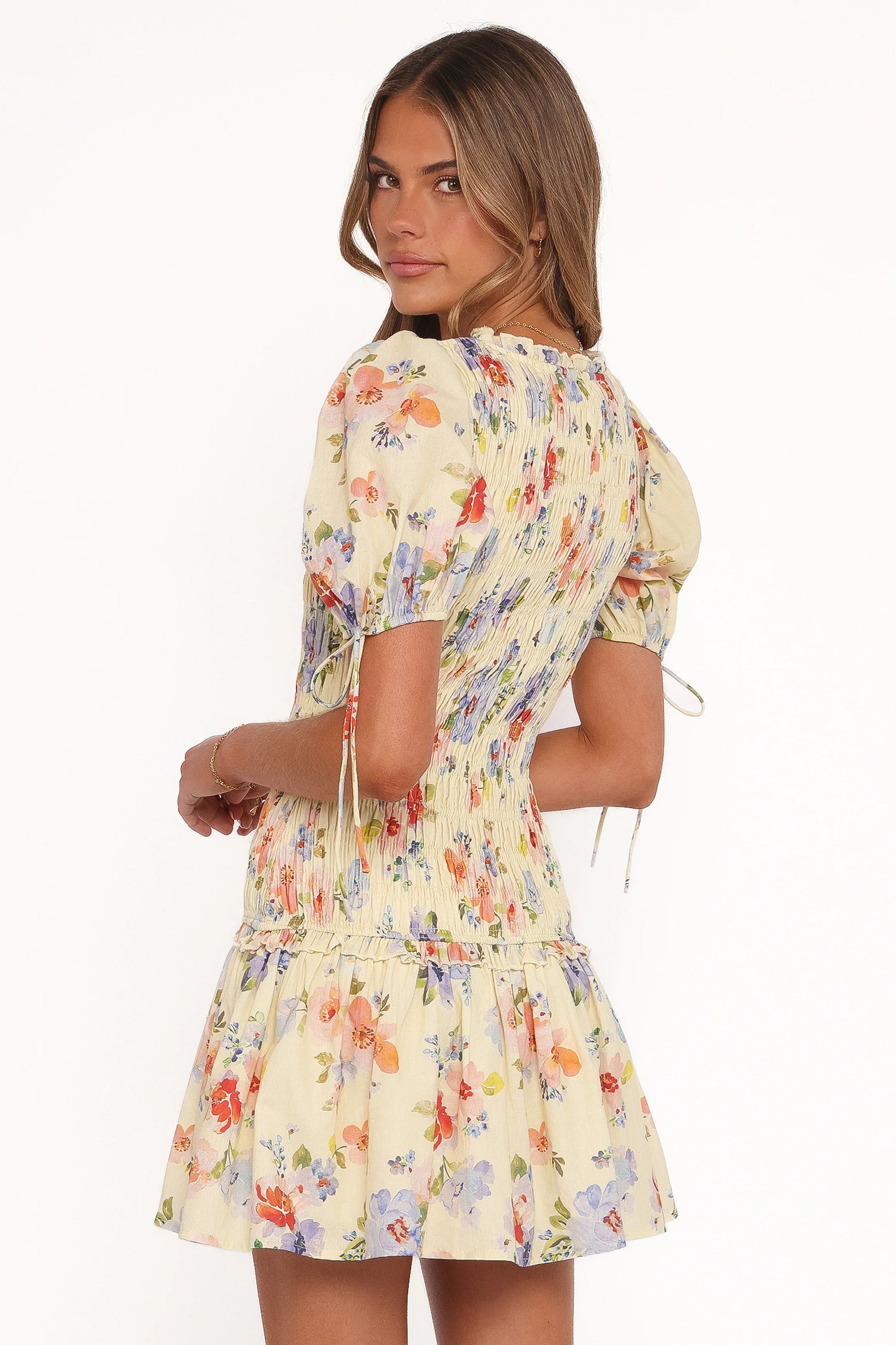 Kaelyn Gather Mini Dress Yellow Floral