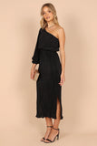 Pontee One Shoulder Pleated Midi Dress Black