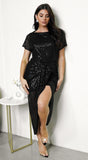 Lya Off Shoulder Draped Sequin Midi Dress Black