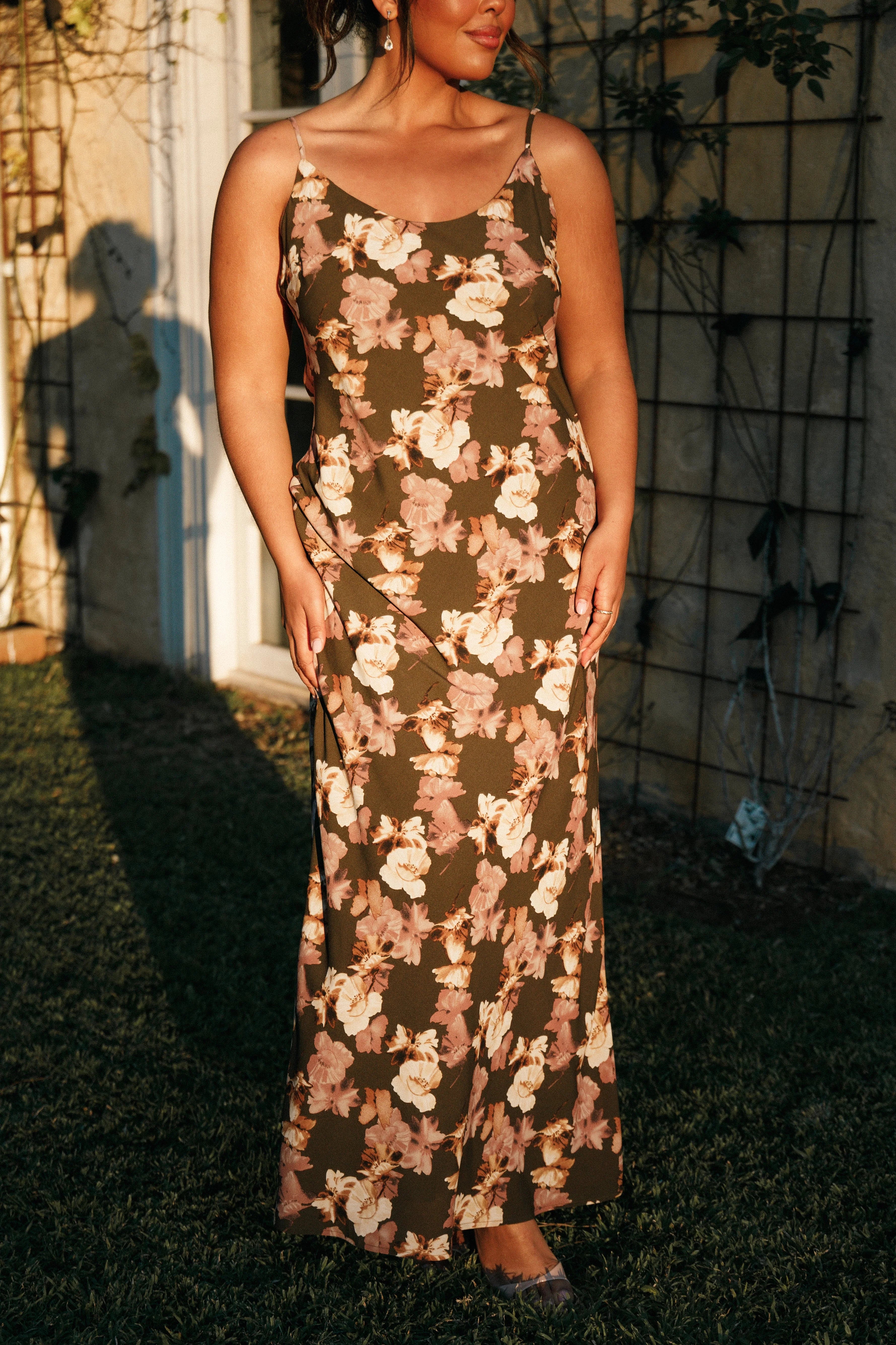 Jamie Maxi Slip Dress Olive Floral
