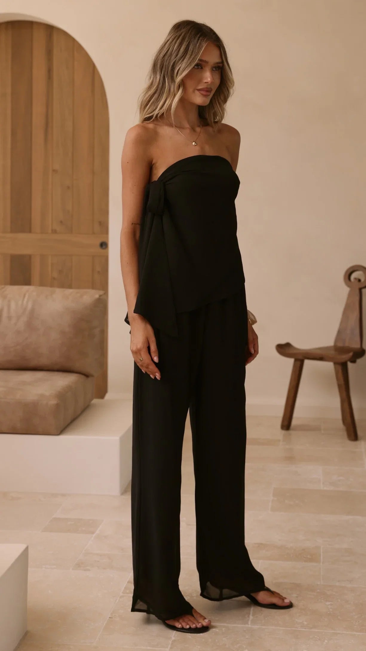 Zabrina Semi Sheer Strapless Top and Pants Set Black
