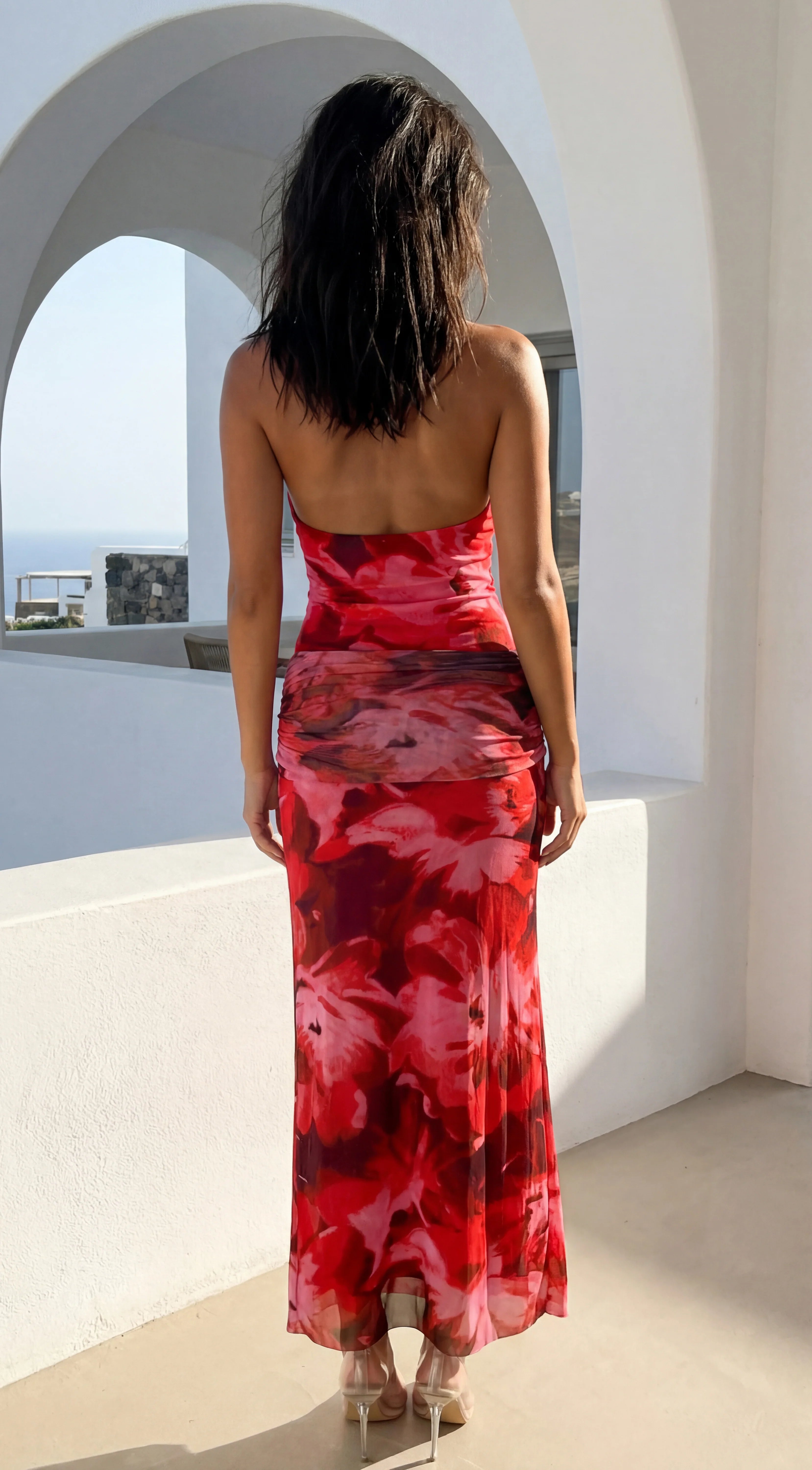 Sweet Escape Floral Print High Neck Maxi Dress Red Multi
