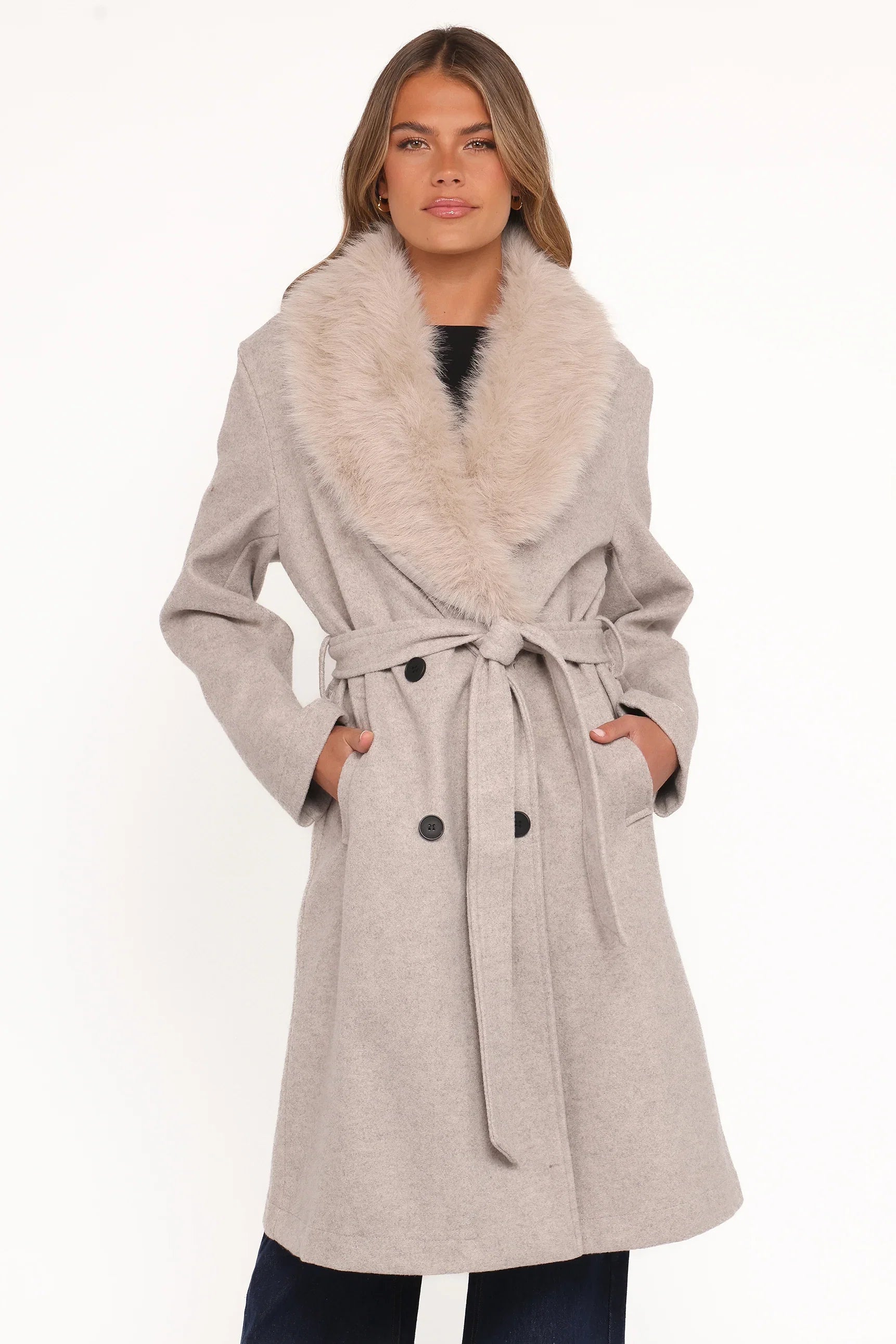 Nina Fur Collar Tie Waist Coat Cream