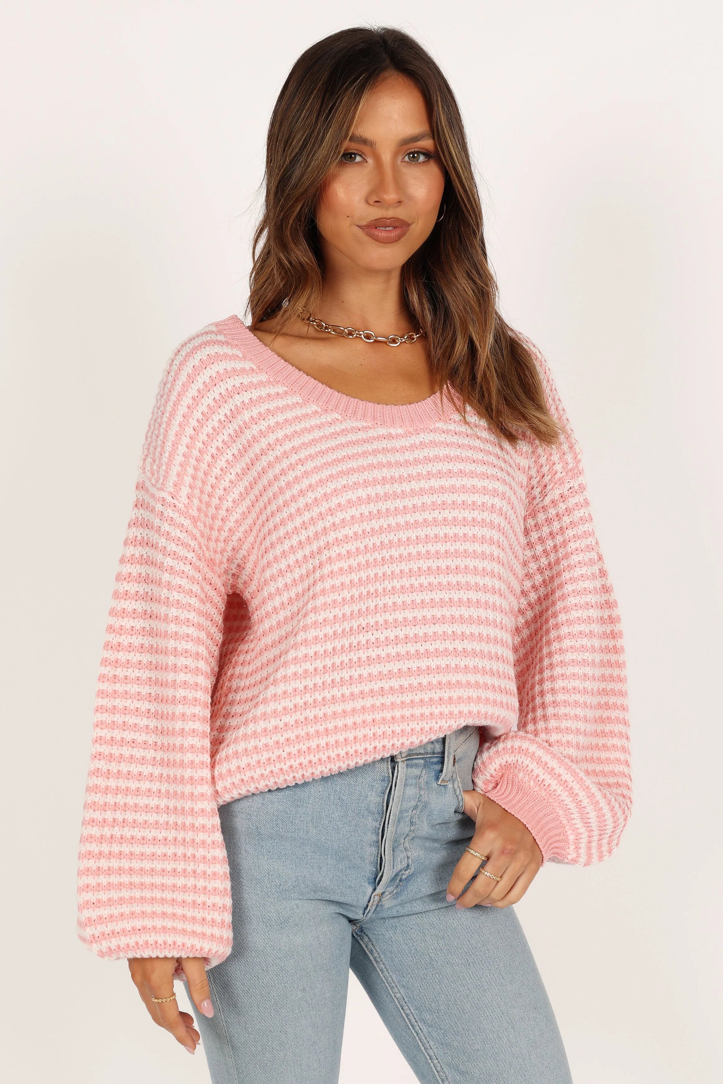 Becca Crewneck Waffle Stitch Stripe Knit Sweater Pink