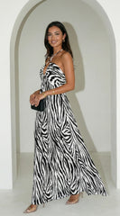 Noemiya Zebra Pleated Halter Maxi Dress White