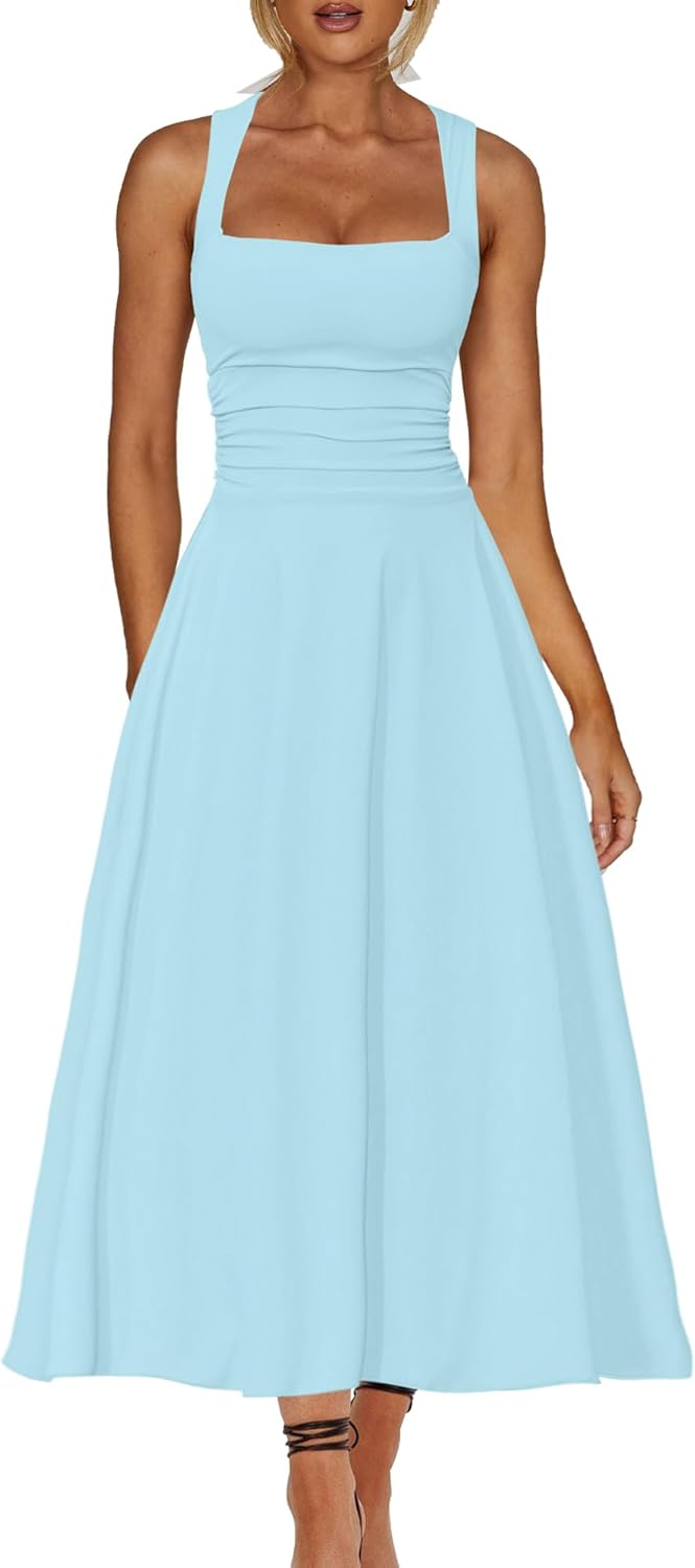 A Line Maxi Dress Ruffle Ruched Waist Flowy Long Dresses