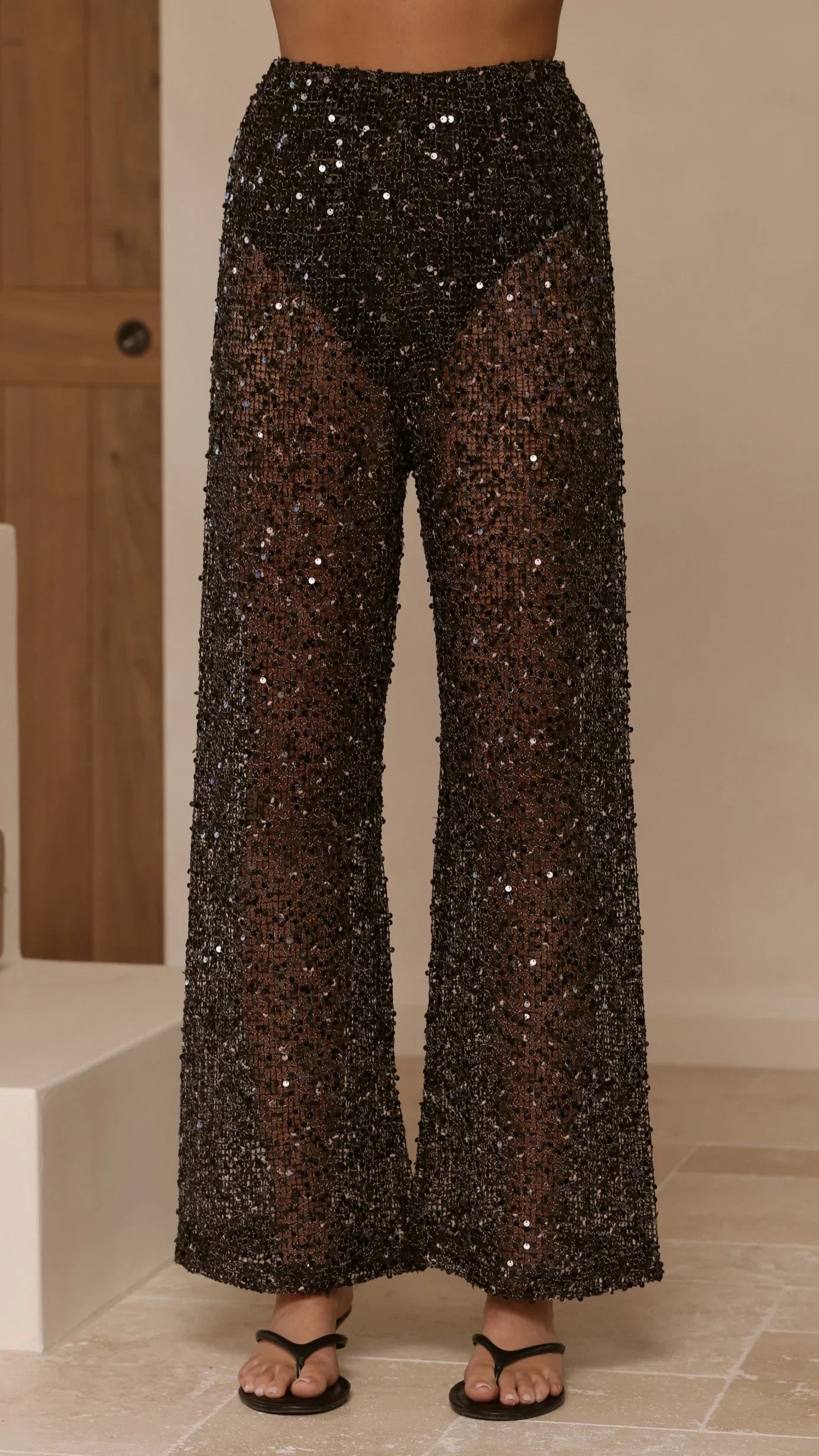 Zarina Sequin Long Line Top and Pants Set Black