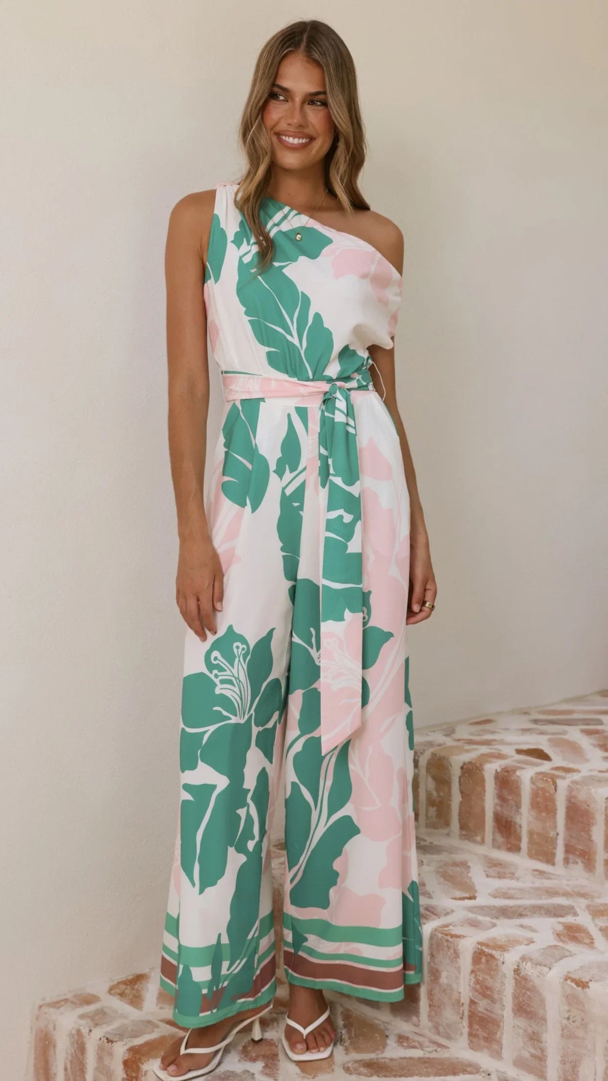Oasis One Shoulder Jumpsuit Pink Green