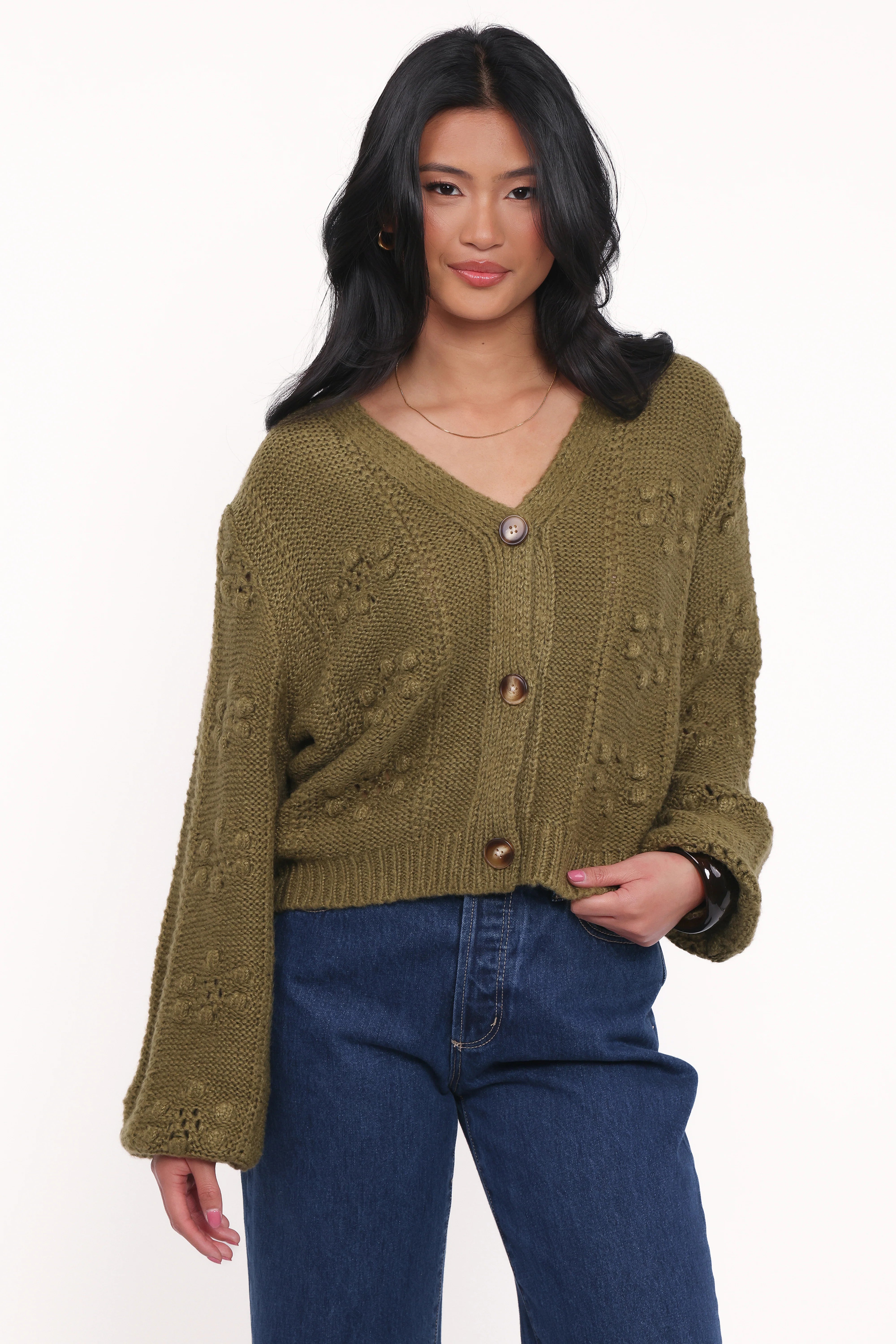 Melody Textured Button Up Cardigan Olive