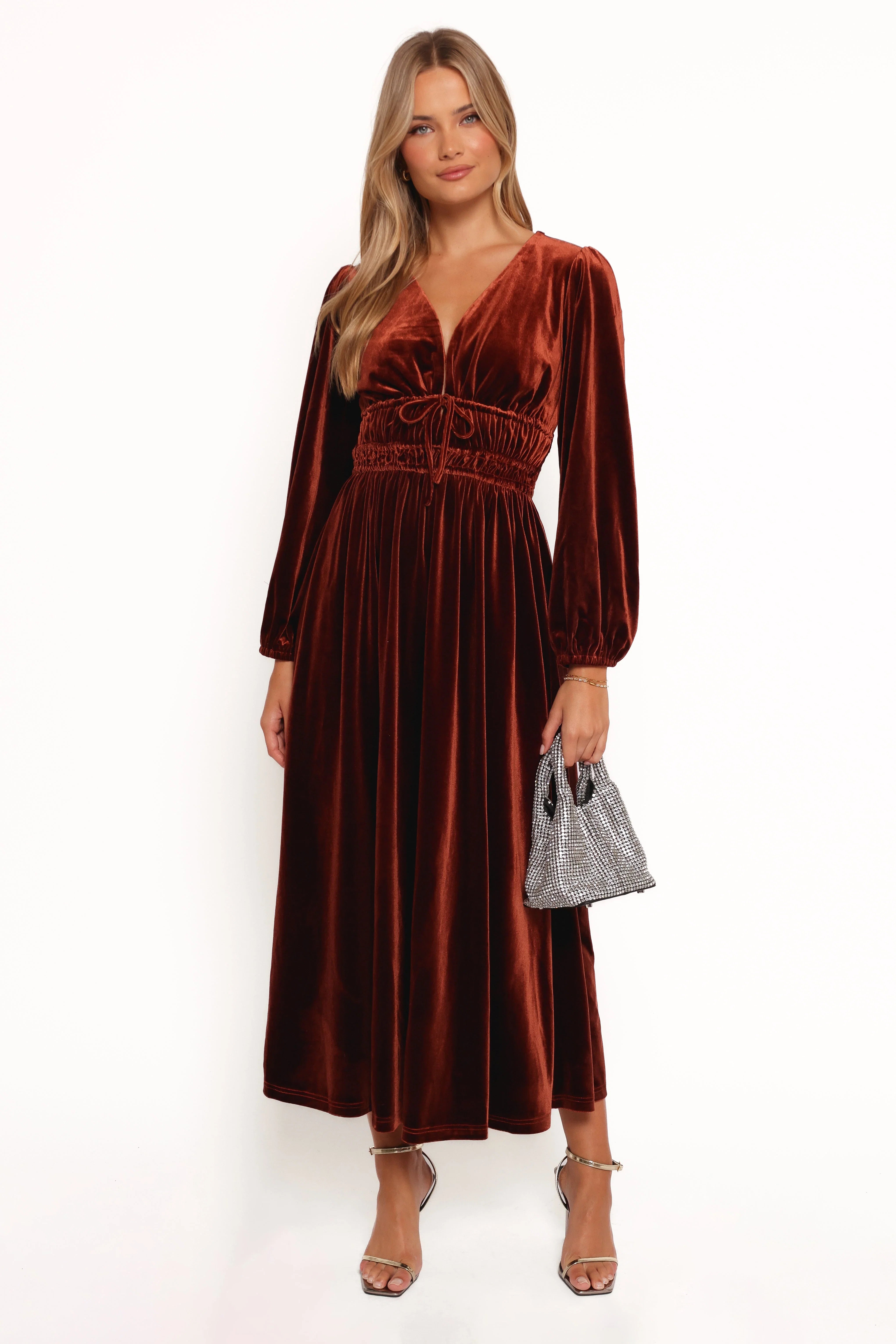 Cece Velvet Long Sleeve Maxi Dress Rust