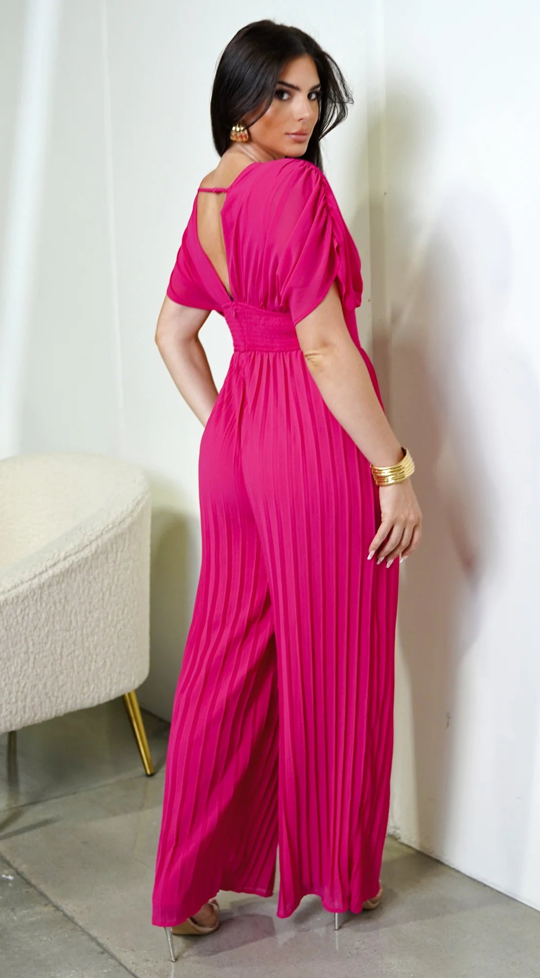 Selene V Neck Pleated Jumpsuit Pink