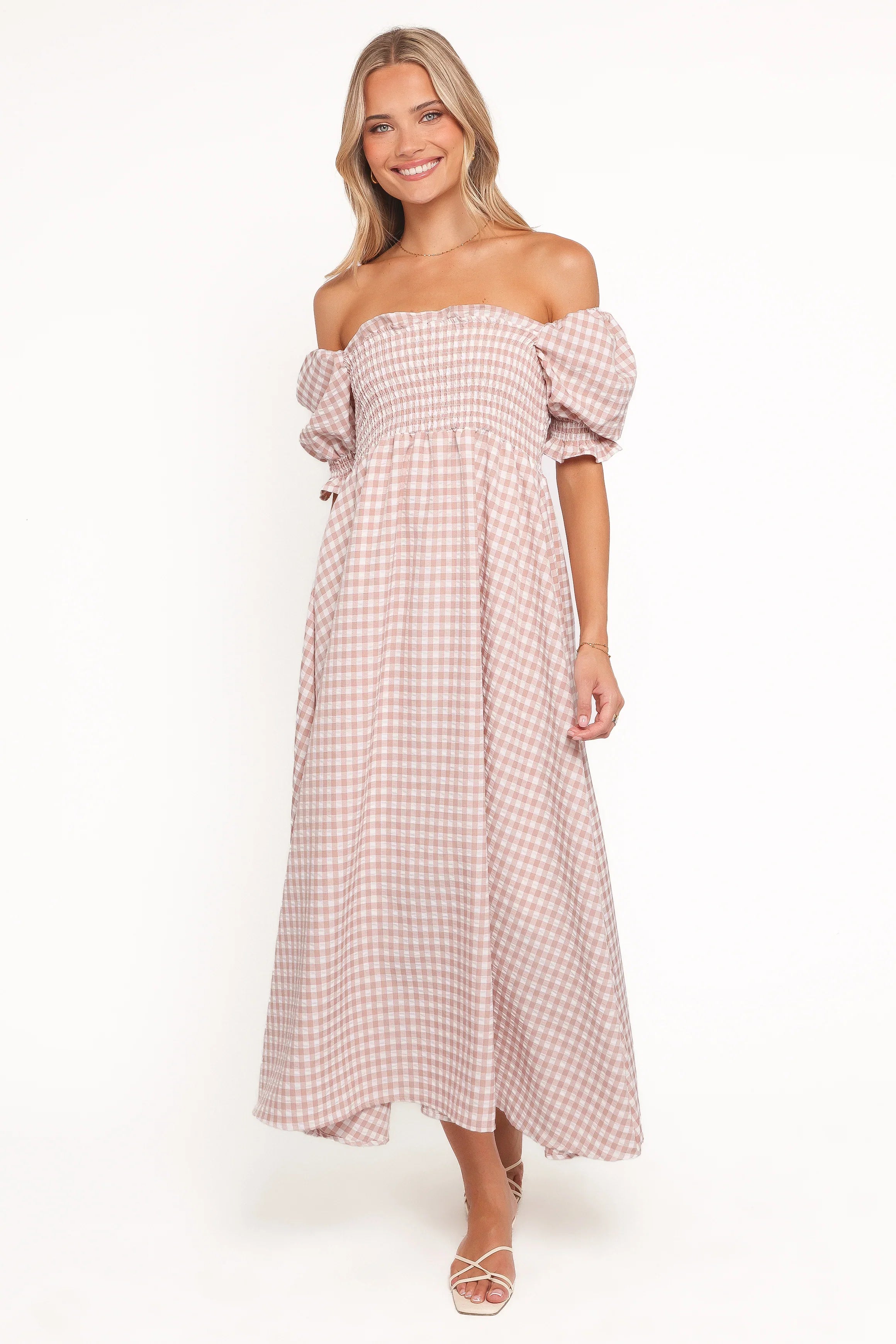 Siun Short Sleeve Midi Dress Brown Gingham