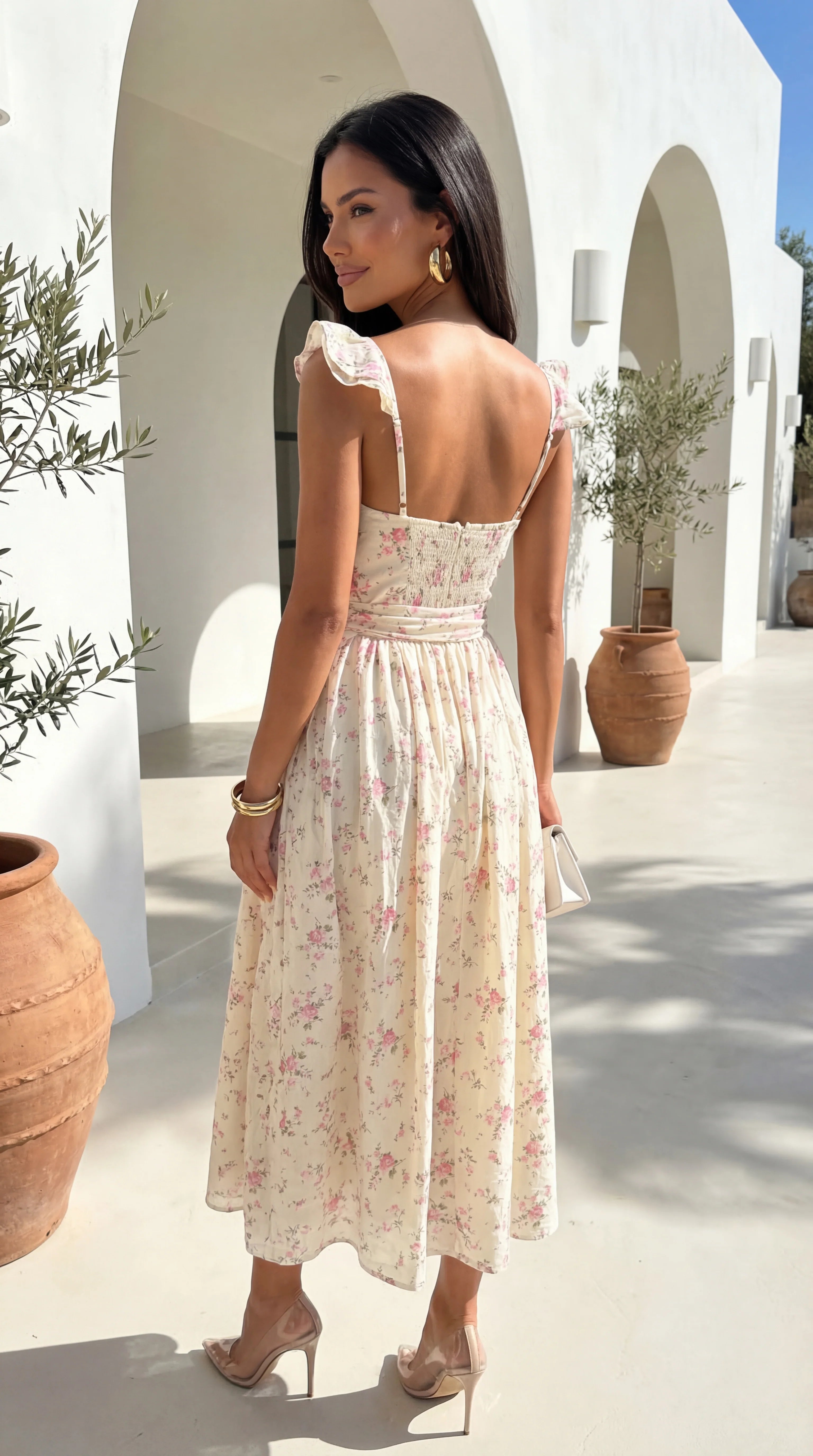 Florienne Floral Corset Flutter Midi Dress Ivory