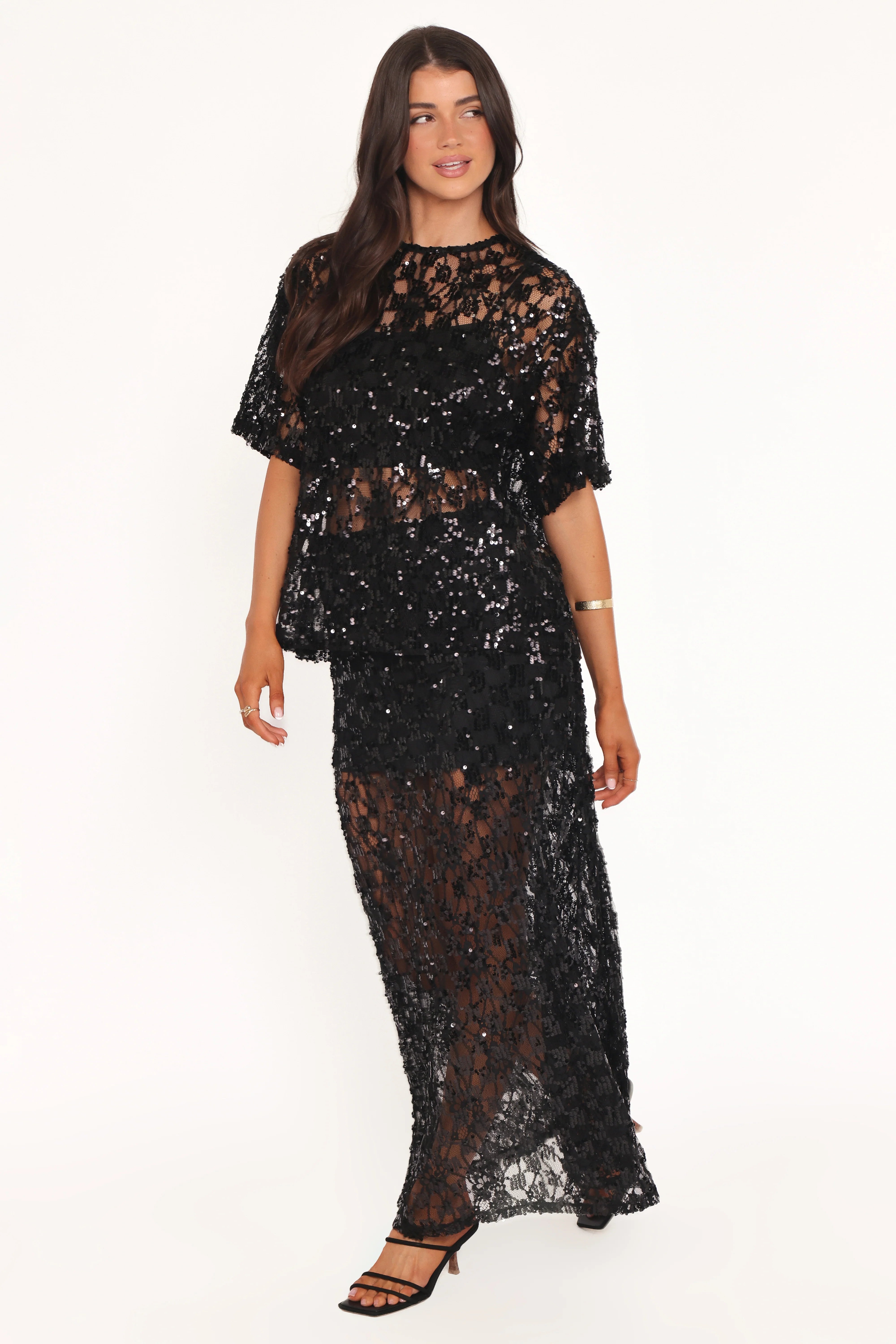Yonder Sheer Panel Lace Maxi Skirt Black