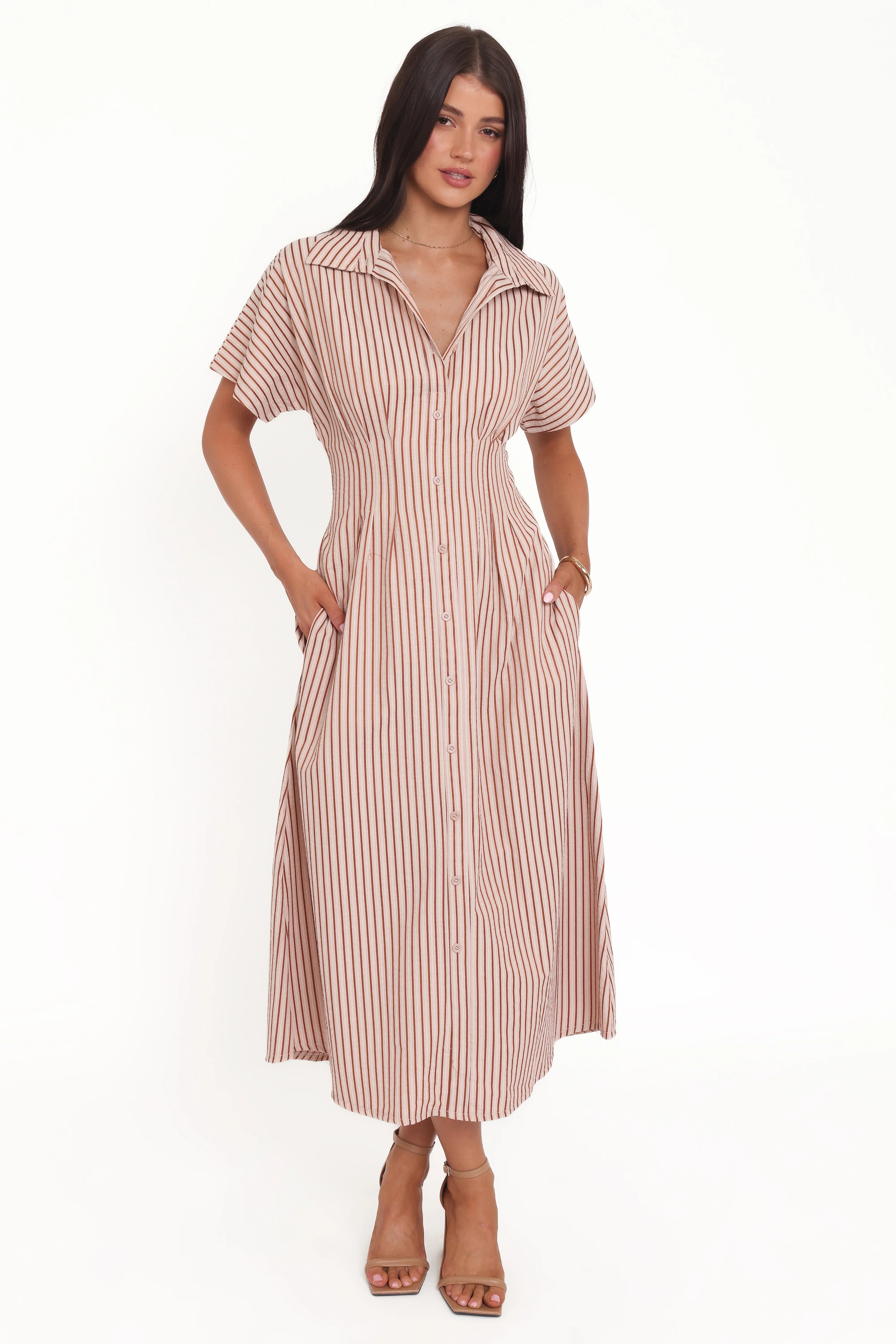 Eilis Short Sleeve Button Down Maxi Dress Brown Stripe